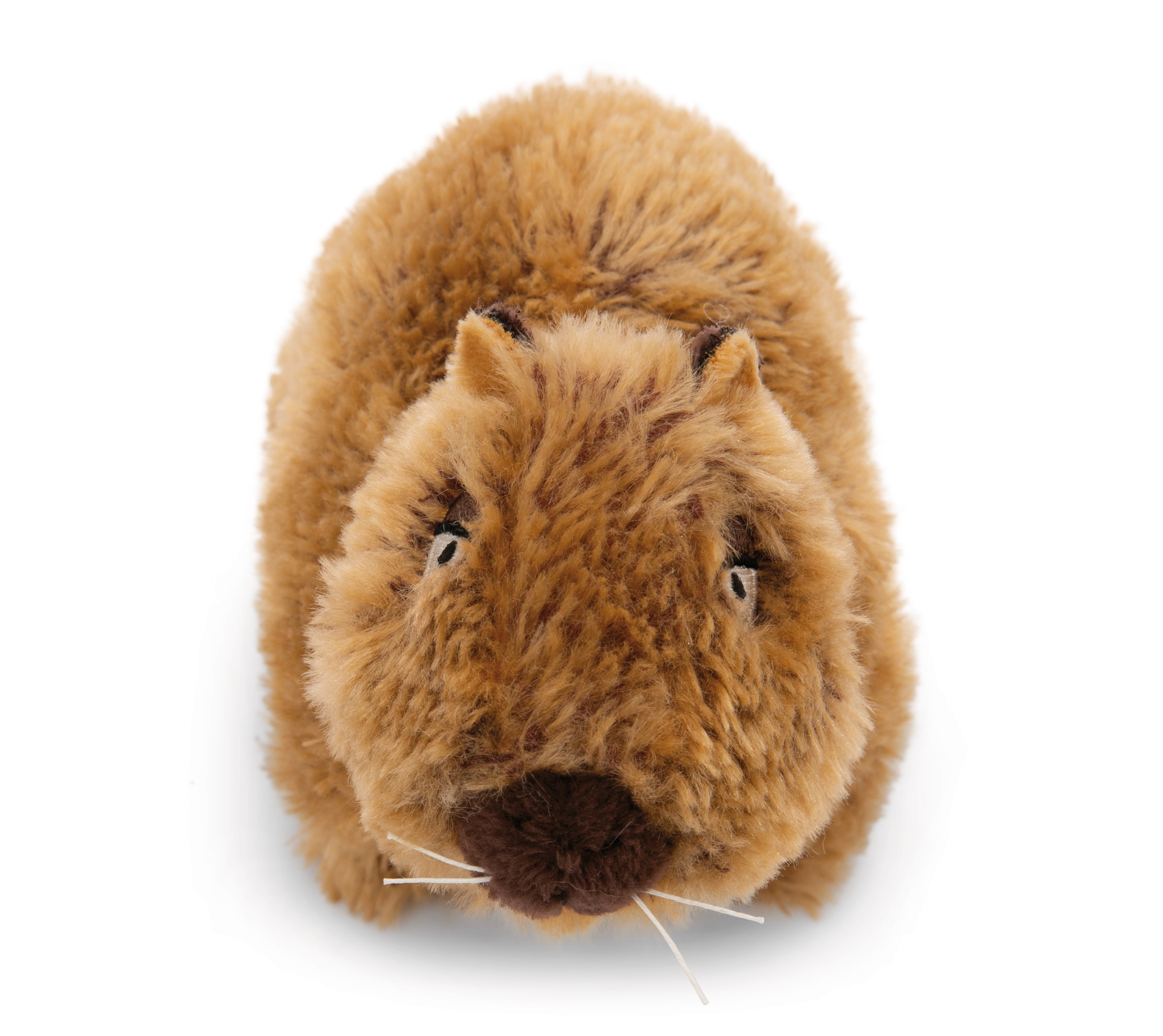 Brązowa pluszowa kapibara z okrągłym ciałem, małymi uszami i ciemnobrązowym nosem, na białej powierzchni.