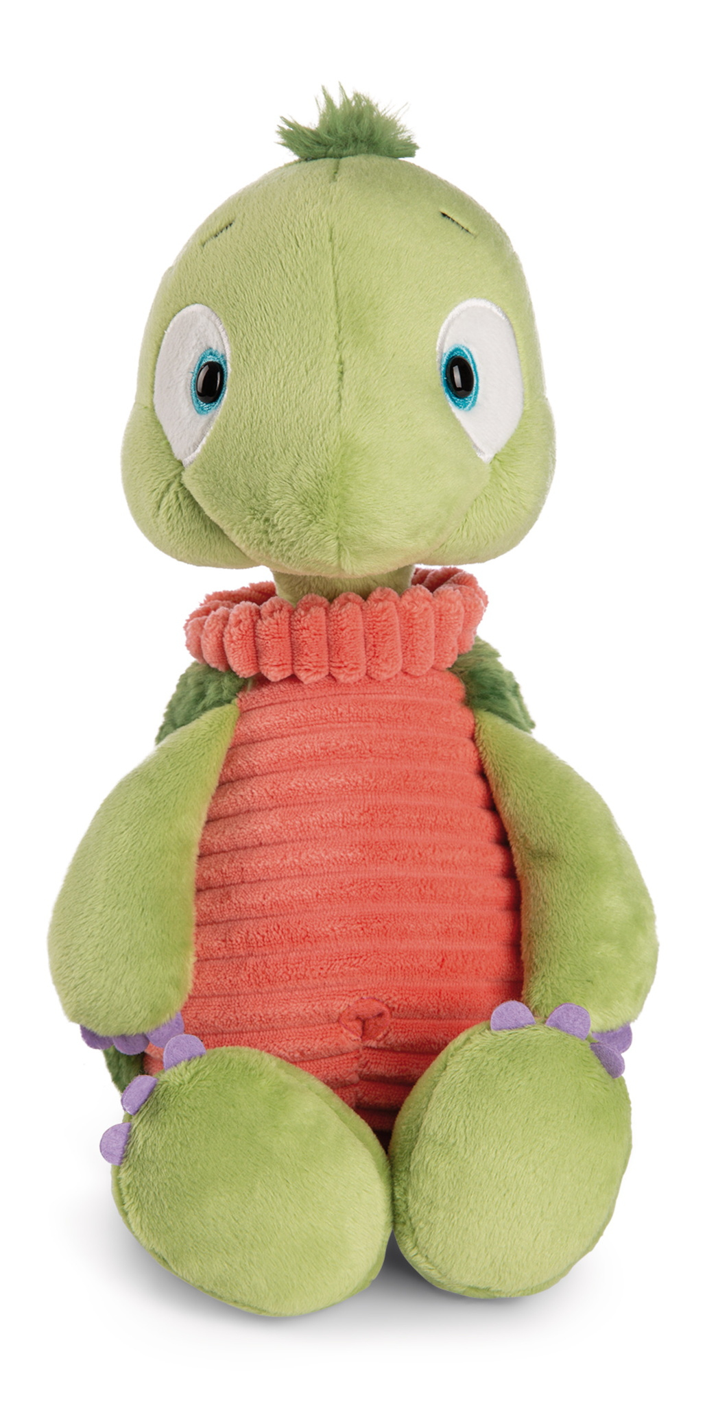 Eine grüne Plüschschildkröte mit rotem, geripptem Torso und lila Füßen, sitzt auf weißem Untergrund.