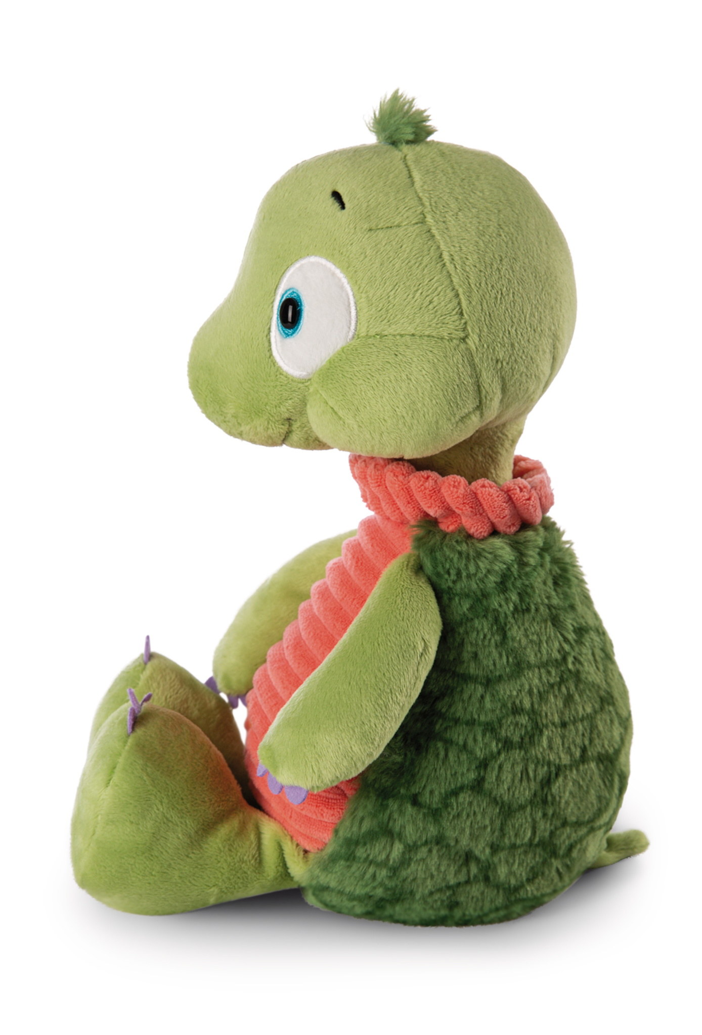 Ein grünes Plüschschildkrötenspielzeug mit einem rot gekragenen Hemd.