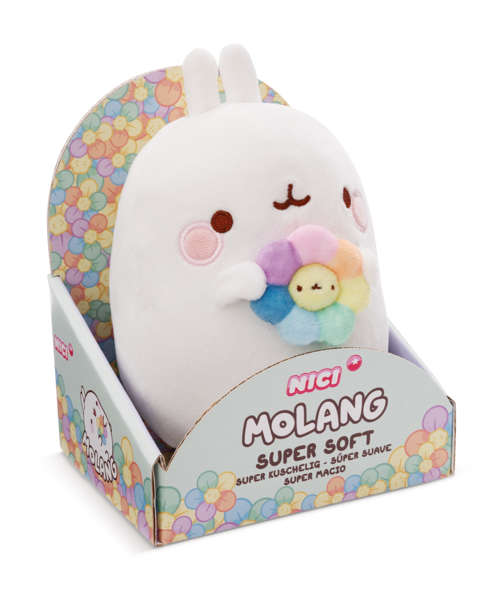 Peluche bianco di Molang che tiene un fiore. Il fiore è nei colori dell'arcobaleno. Il giocattolo è in una scatola.