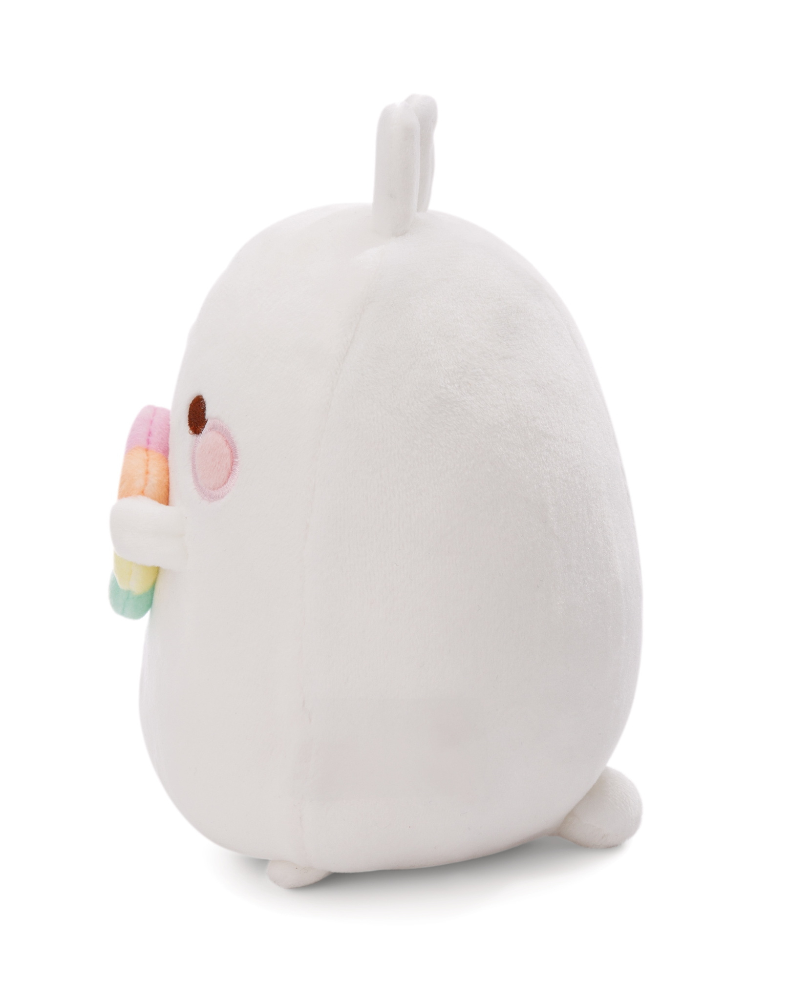Peluche bianco che tiene un gelato arcobaleno.