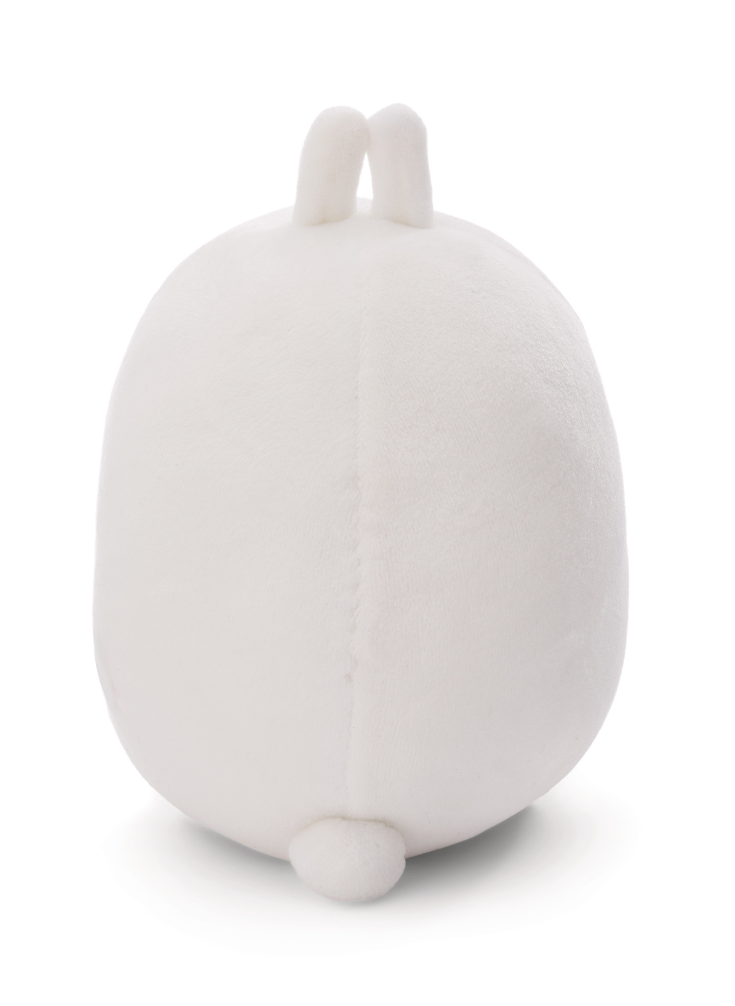 Retro di un peluche di coniglietto bianco. Ha forma ovale. Sfondo bianco.