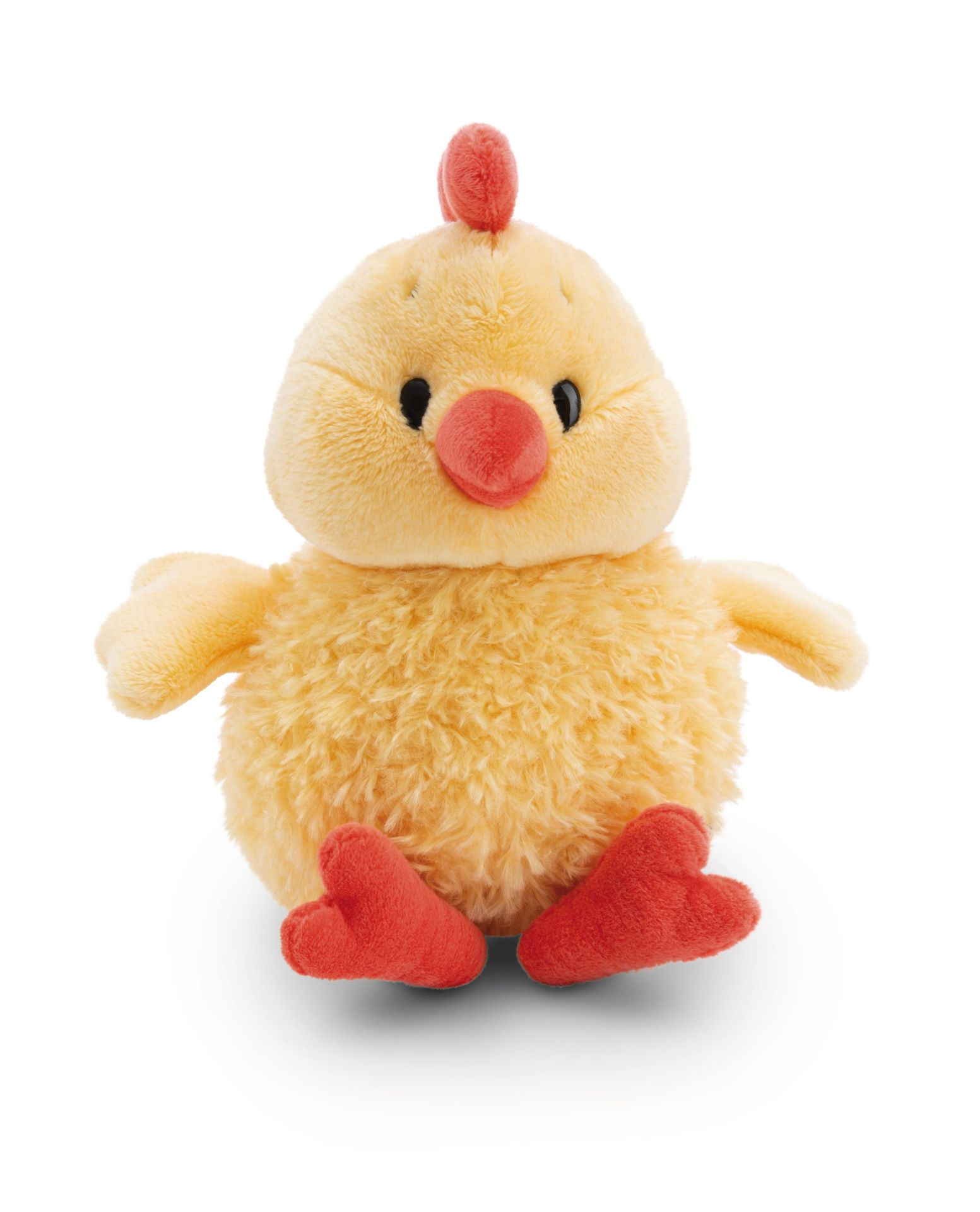 Żółta pluszowa zabawka kurczaka z czerwonymi stopami i czerwonym grzebieniem. Białe tło.