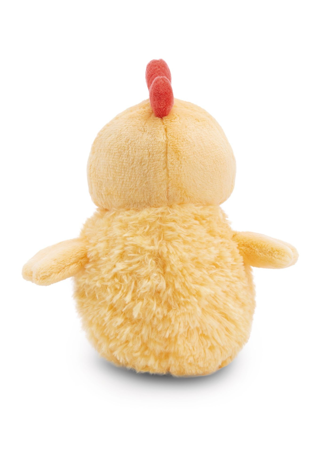 Żółta pluszowa zabawka kurczaka, widok z tyłu. Czerwony grzebień, małe skrzydła i stopy na białej powierzchni.