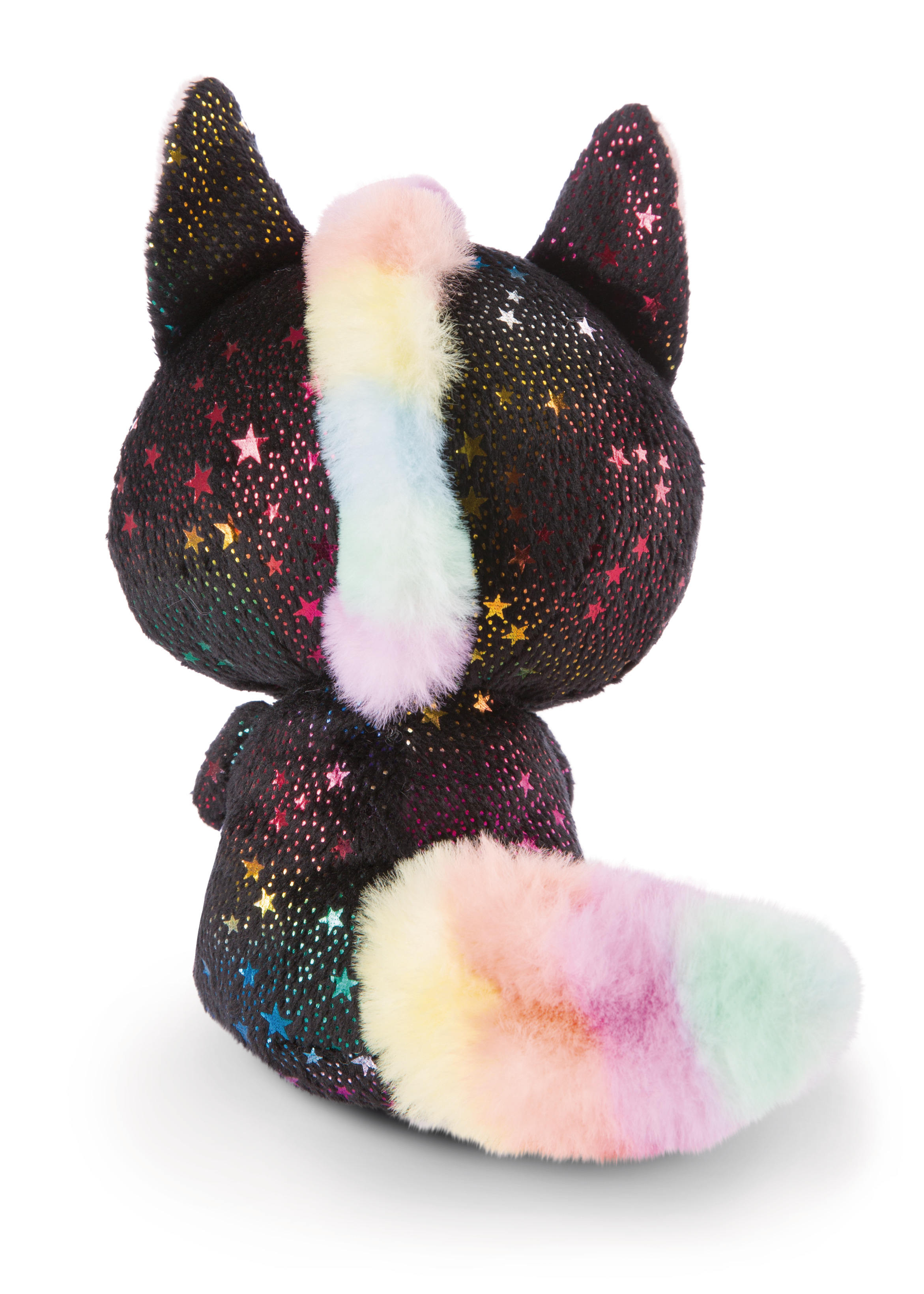 Czarna zabawka dla kota, widok z tyłu. Tęczowy ogon z gwiazdami, na białym tle, z gwiazdą na ogonie.