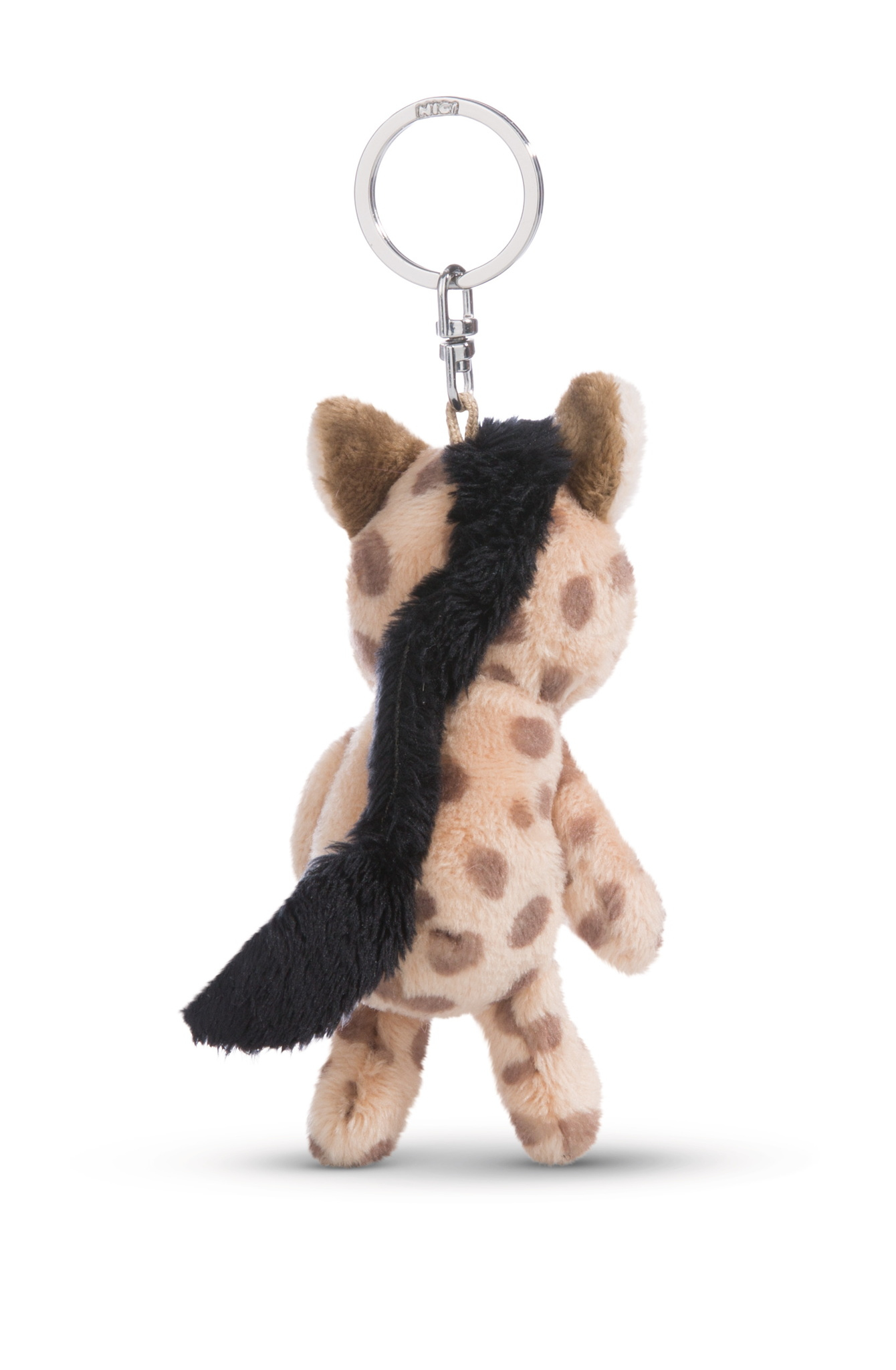 Portachiavi con giraffa di peluche, beige con macchie nere, vista posteriore. Sfondo bianco.