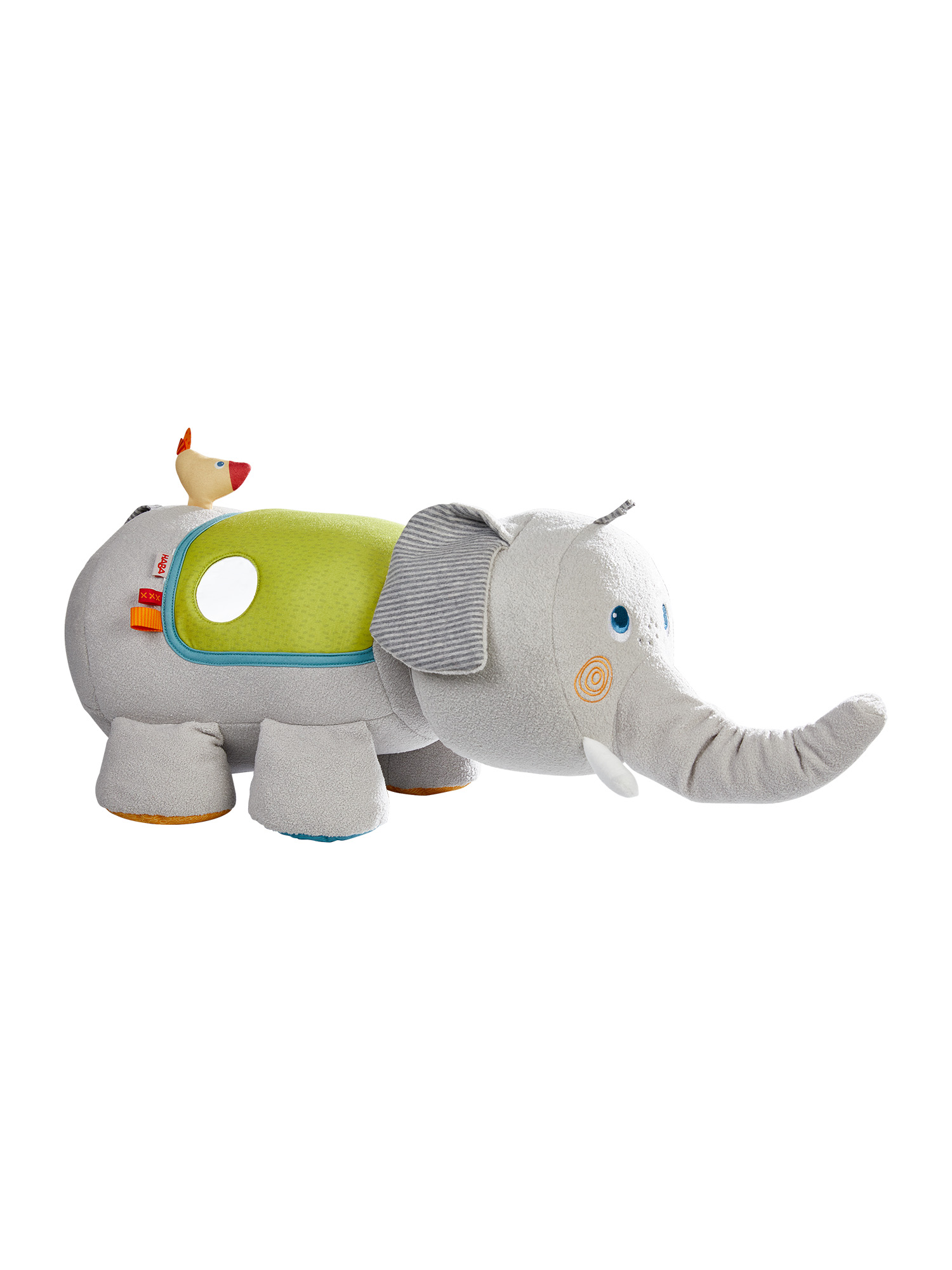 Ein grauer Spielzeug-Elefant mit grünem Rücken und einem Vogel auf dem Rücken.