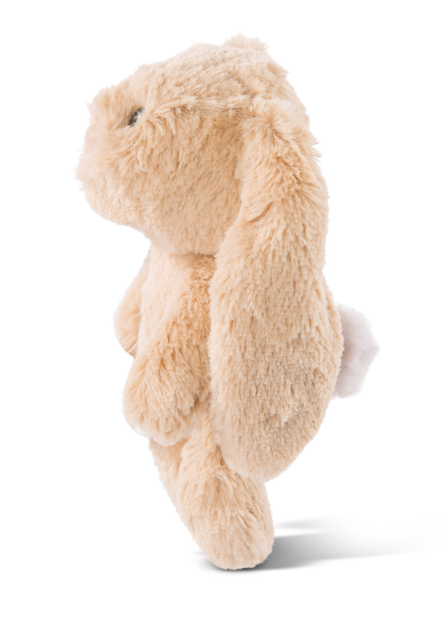 Beige Plüschhase, Seitenansicht. Lange Ohren, flauschiges Fell, weißer Schwanz. Weißer Hintergrund.