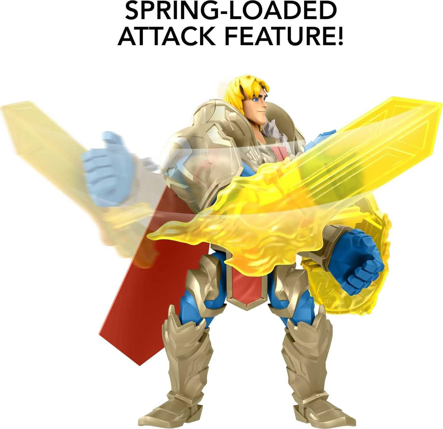 Action figure di He-Man con attacco a molla. Indossa un'armatura d'oro e tiene una spada.