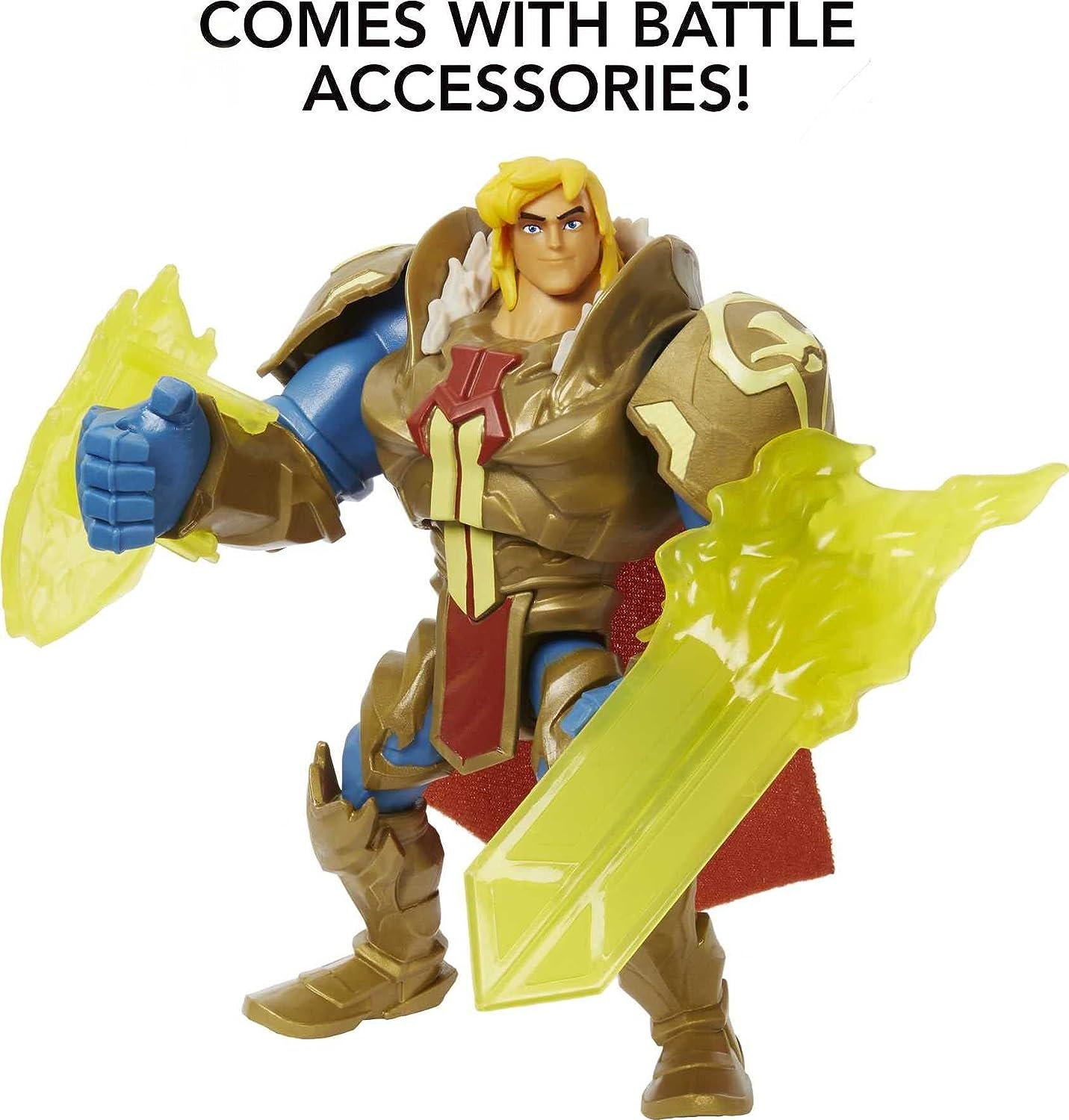 Action figure di He-Man che tiene una spada gialla, indossa un'armatura dorata, su uno sfondo bianco. Testo presente.