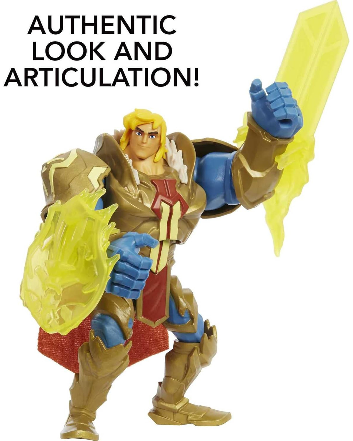 Action figure di He-Man con armatura dorata, mantello rosso e spada gialla. Il testo recita: LOOK E ARTICOLAZIONE AUTENTICI!