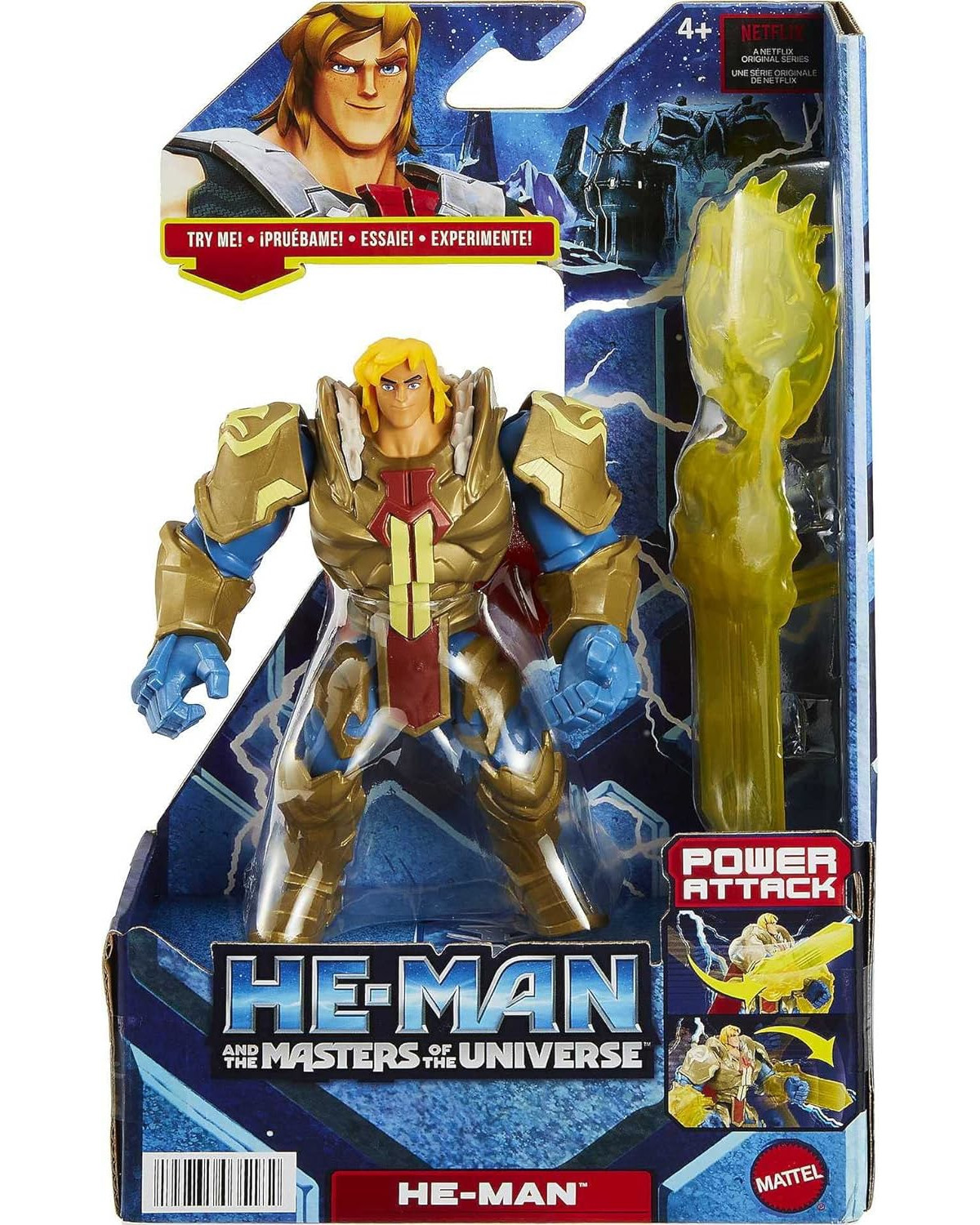 Action figure di He-Man in confezione con spada gialla e scatola con He-Man e testo: POWER ATTACK, HE-MAN.