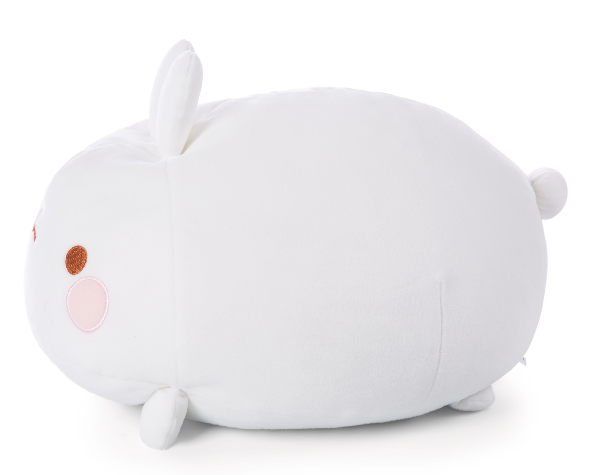 Biały pluszowy królik leżący na boku. Królik ma brązowe oczy, różowe policzki i mały ogon.