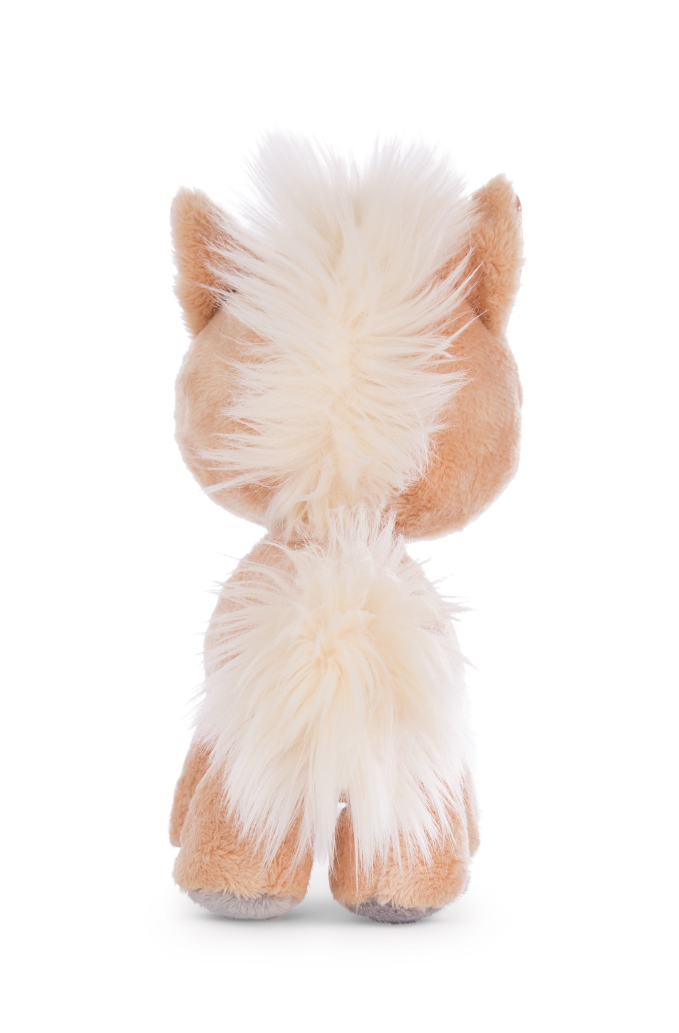 Tył pluszowej zabawki w kształcie konia. Jest jasnobrązowy z puszystą grzywą i ogonem.