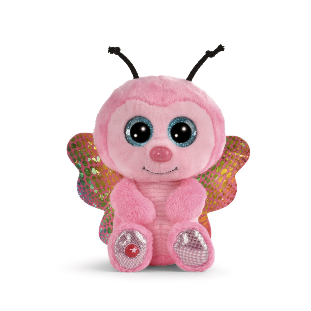 Różowa pluszowa zabawka w kształcie motyla z błyszczącymi skrzydłami, niebieskimi oczami i czułkami, widok z przodu.