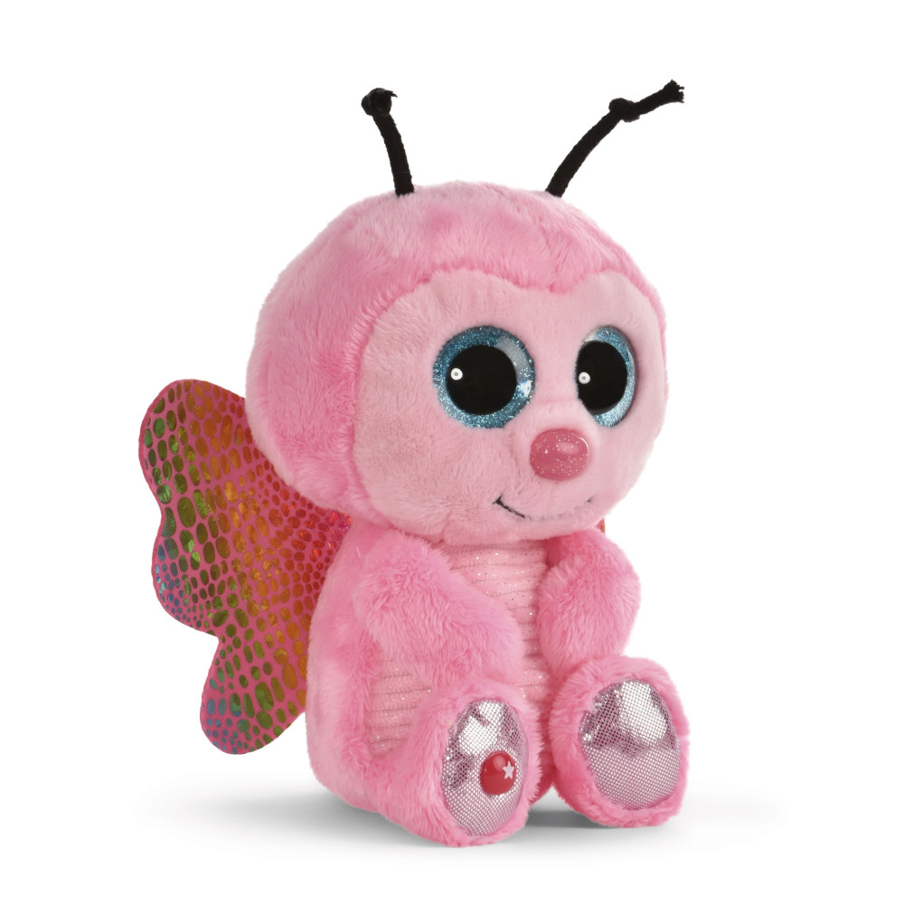 Różowa pluszowa zabawka w kształcie motyla z błyszczącymi skrzydłami, niebieskimi oczami i czułkami, widok z boku.