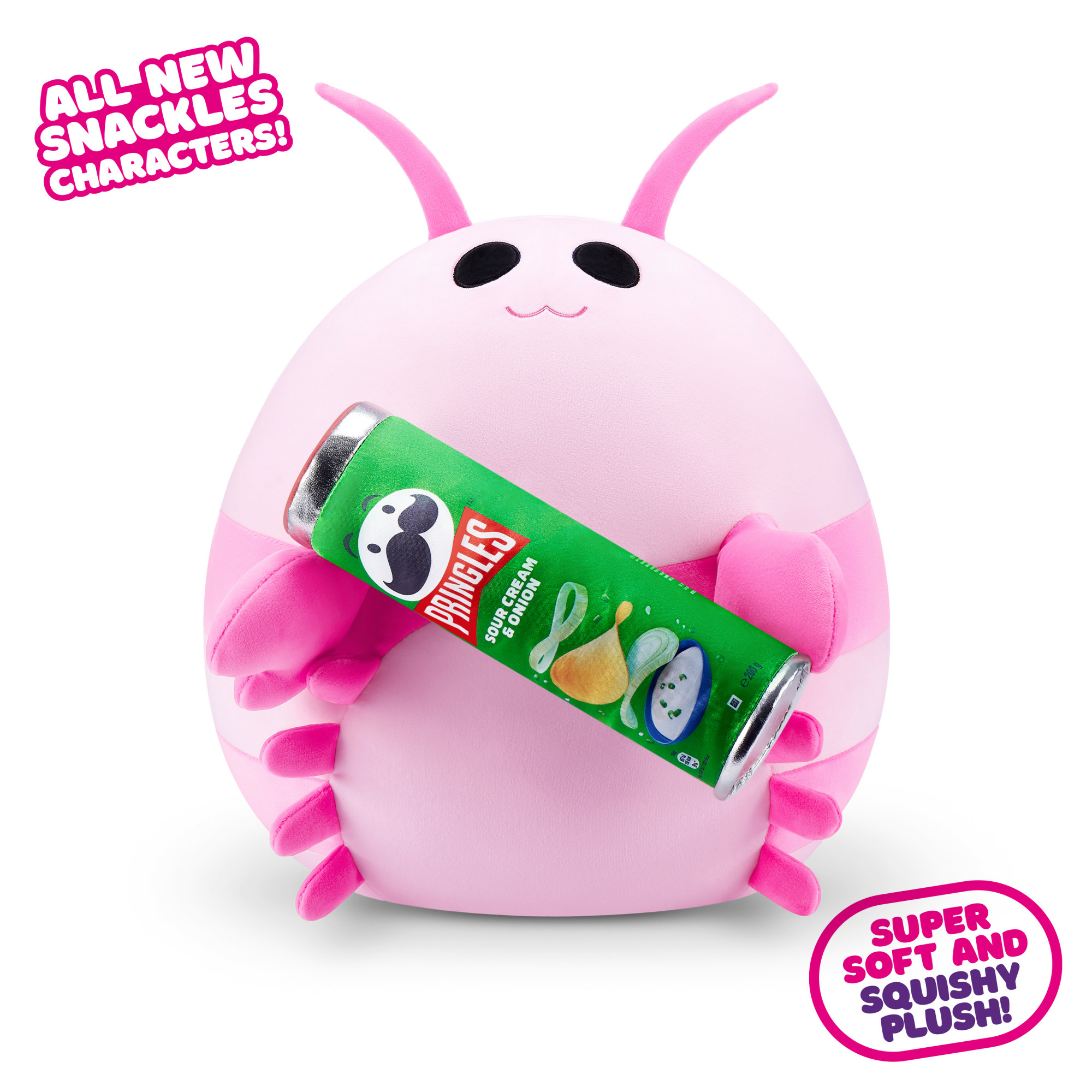 Rosa Plüschfigur hält Pringles-Dose. Text: "Sour Cream & Onion" und "All New Snackle Characters!"