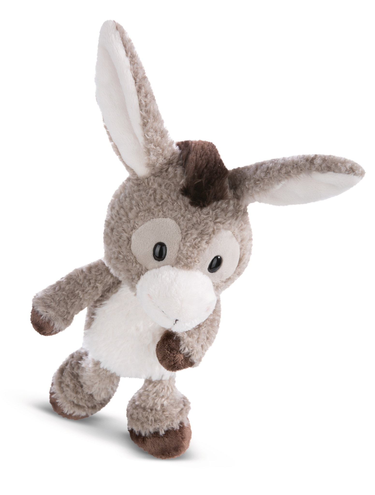 Pluszowa zabawka osła, widok z boku, na białym tle.