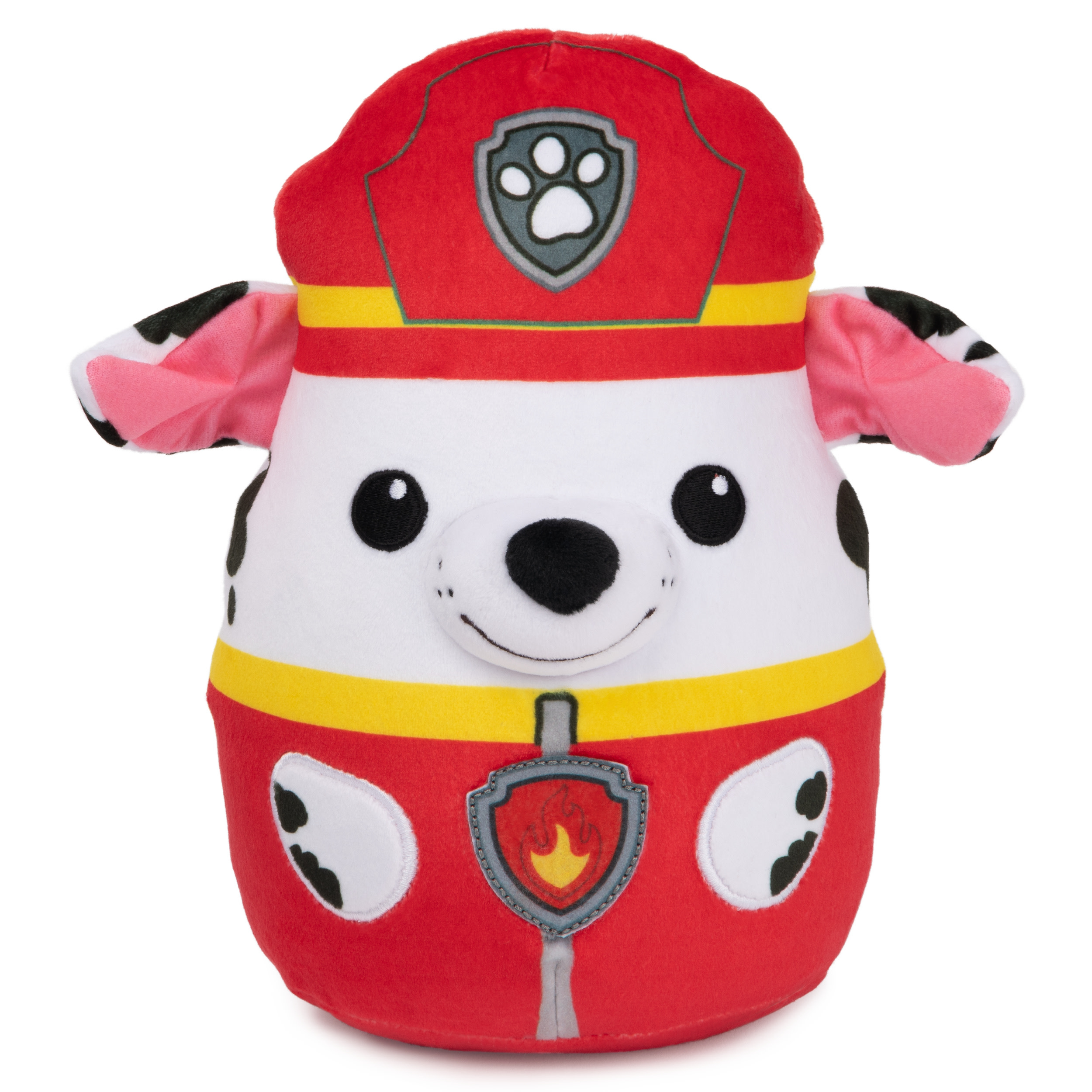 Peluche rosso di Marshall. Faccia bianca, occhi e orecchie neri. Uniforme gialla e rossa con distintivo.