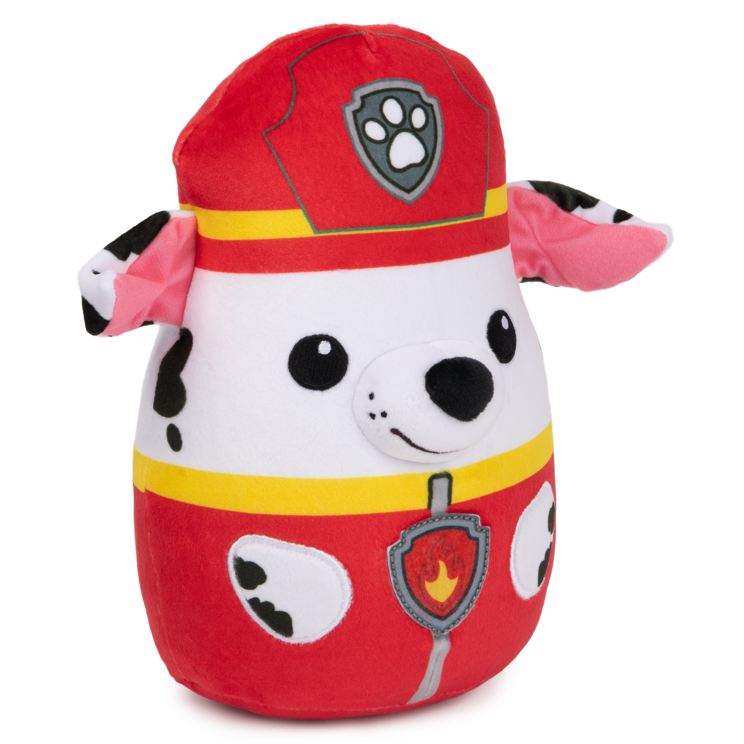 Marshall, un peluche di Paw Patrol. Uniforme rossa, faccia bianca e macchie nere. Indossa un elmetto.