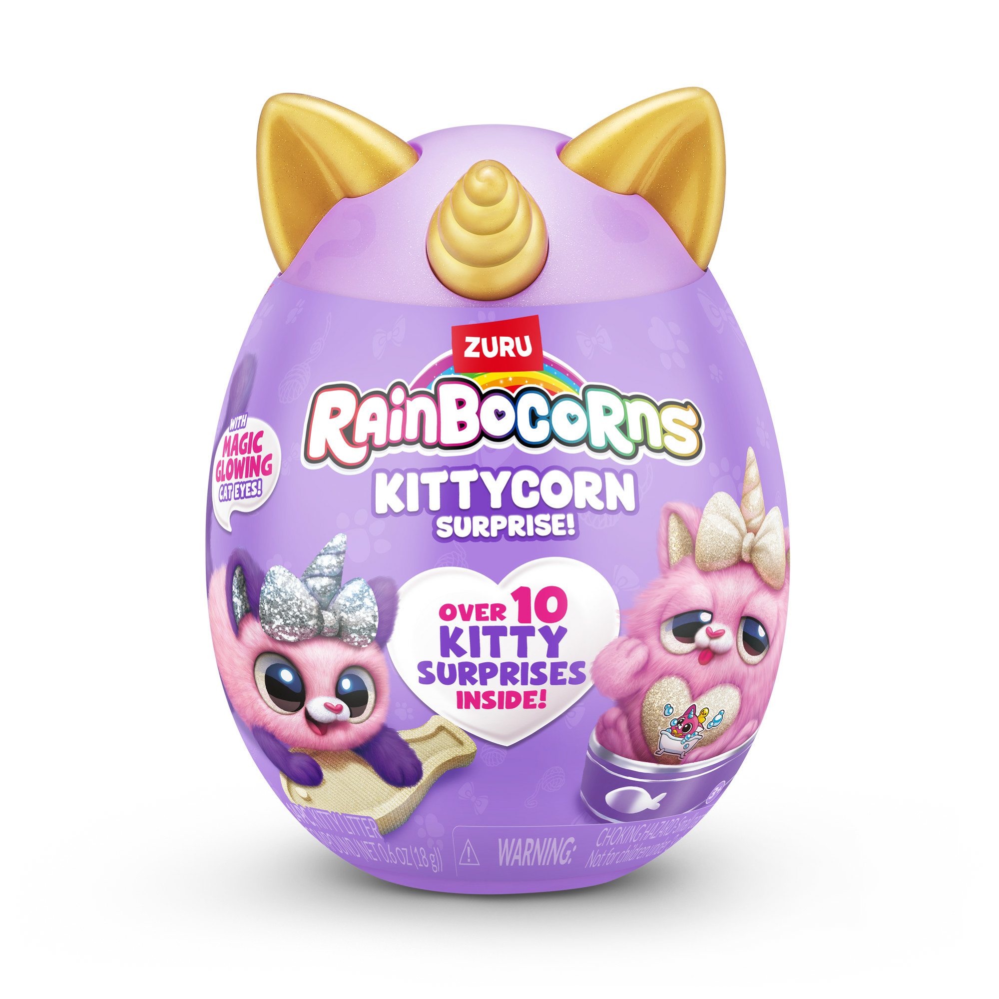 Rainbocorns Kittycorn Überraschungsei. Lila Ei mit Katzenbildern. Enthält ein Plüschkätzchen und Zubehör.