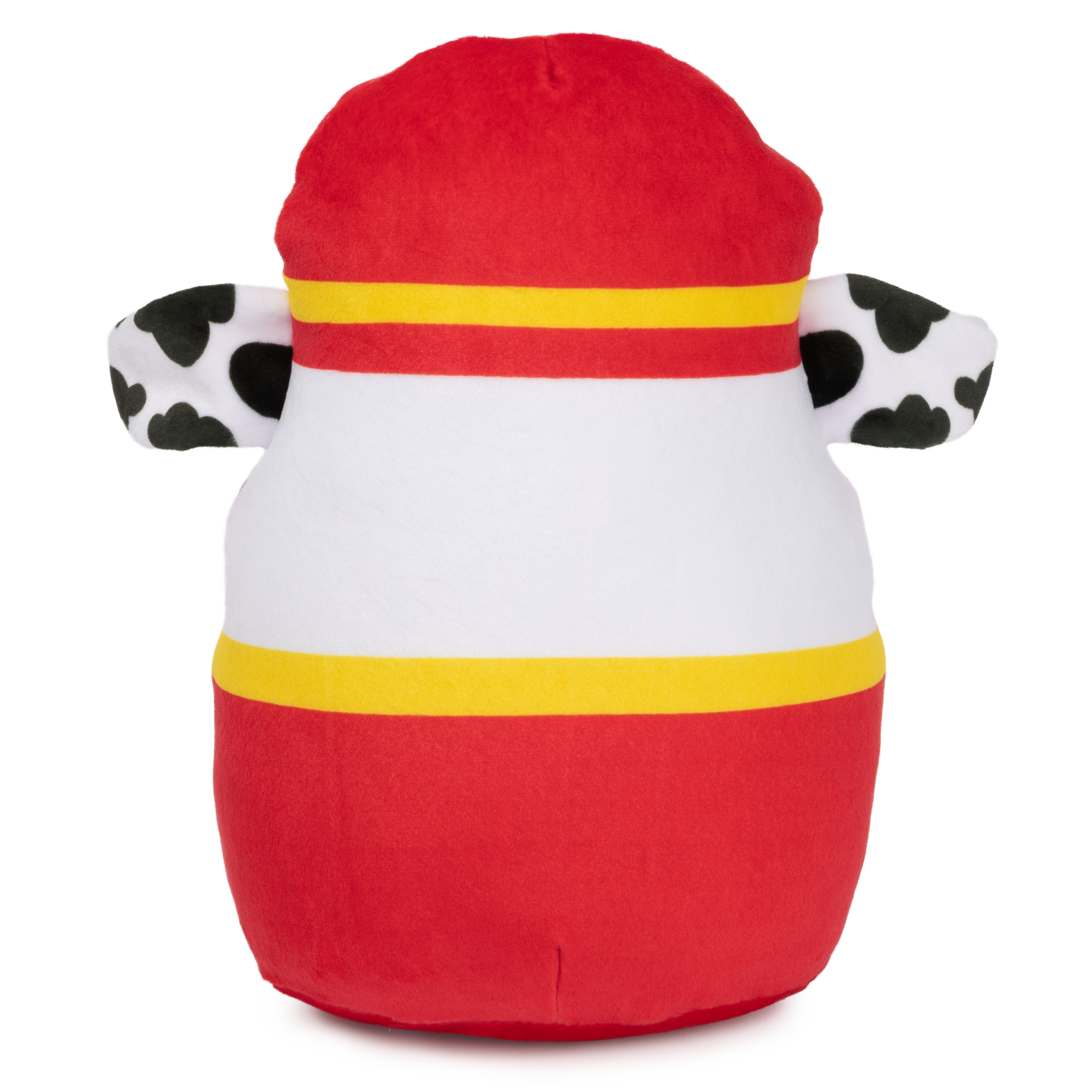 Retro del peluche di Marshall. Corpo rosso, pancia bianca con strisce gialle e macchie nere sulle orecchie.