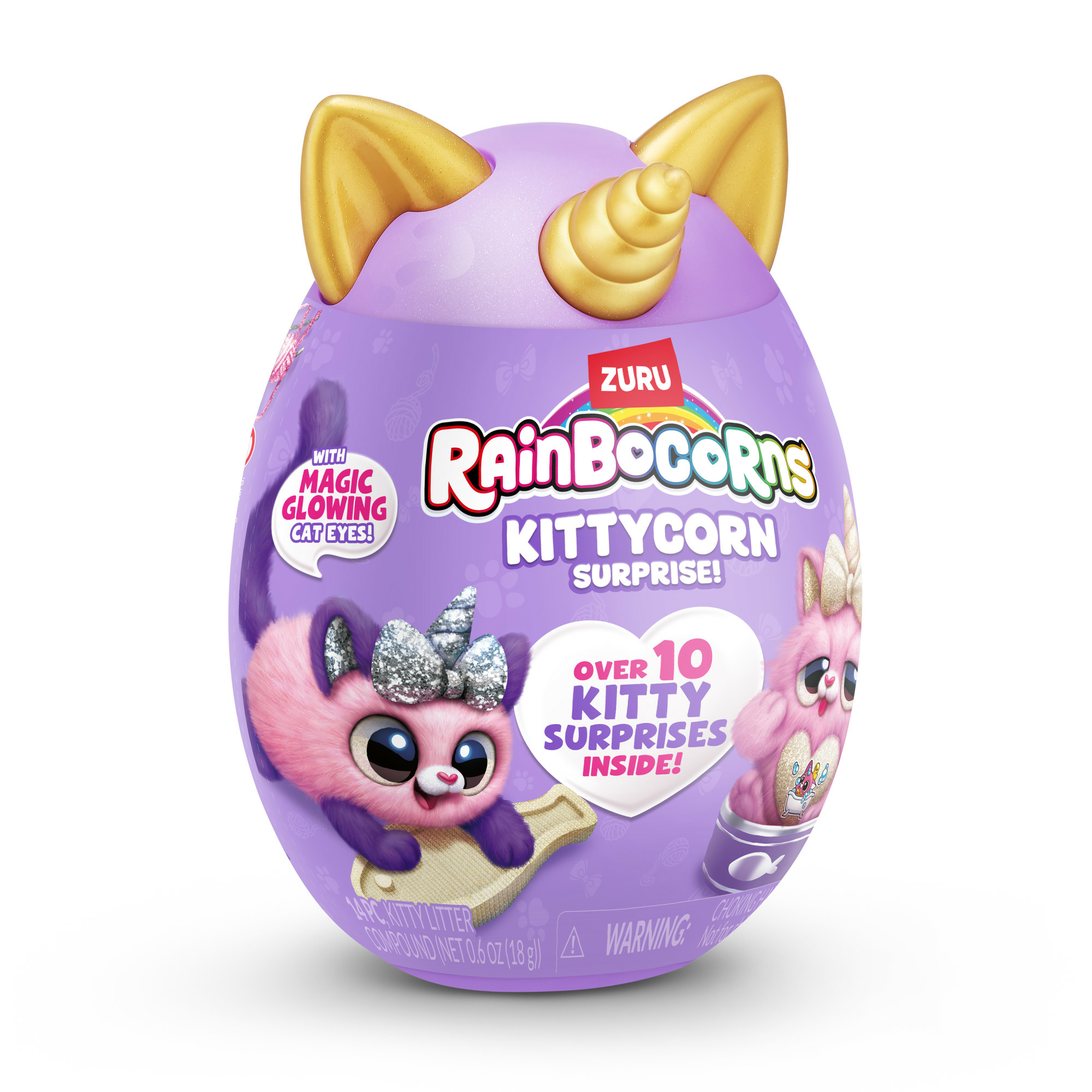 Lila Rainbocorns Kittycorn-Ei mit goldenem Horn und Ohren. Katzen-Grafiken, Text und Überraschungen.