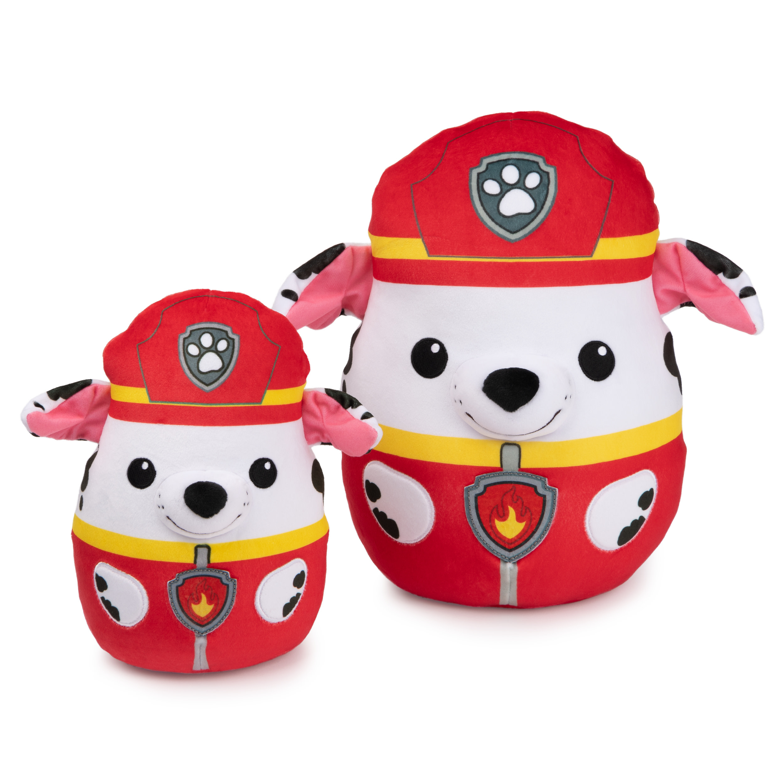 Due peluche di Marshall. Uno grande e uno piccolo. Entrambi hanno colori rosso e bianco con strisce gialle.