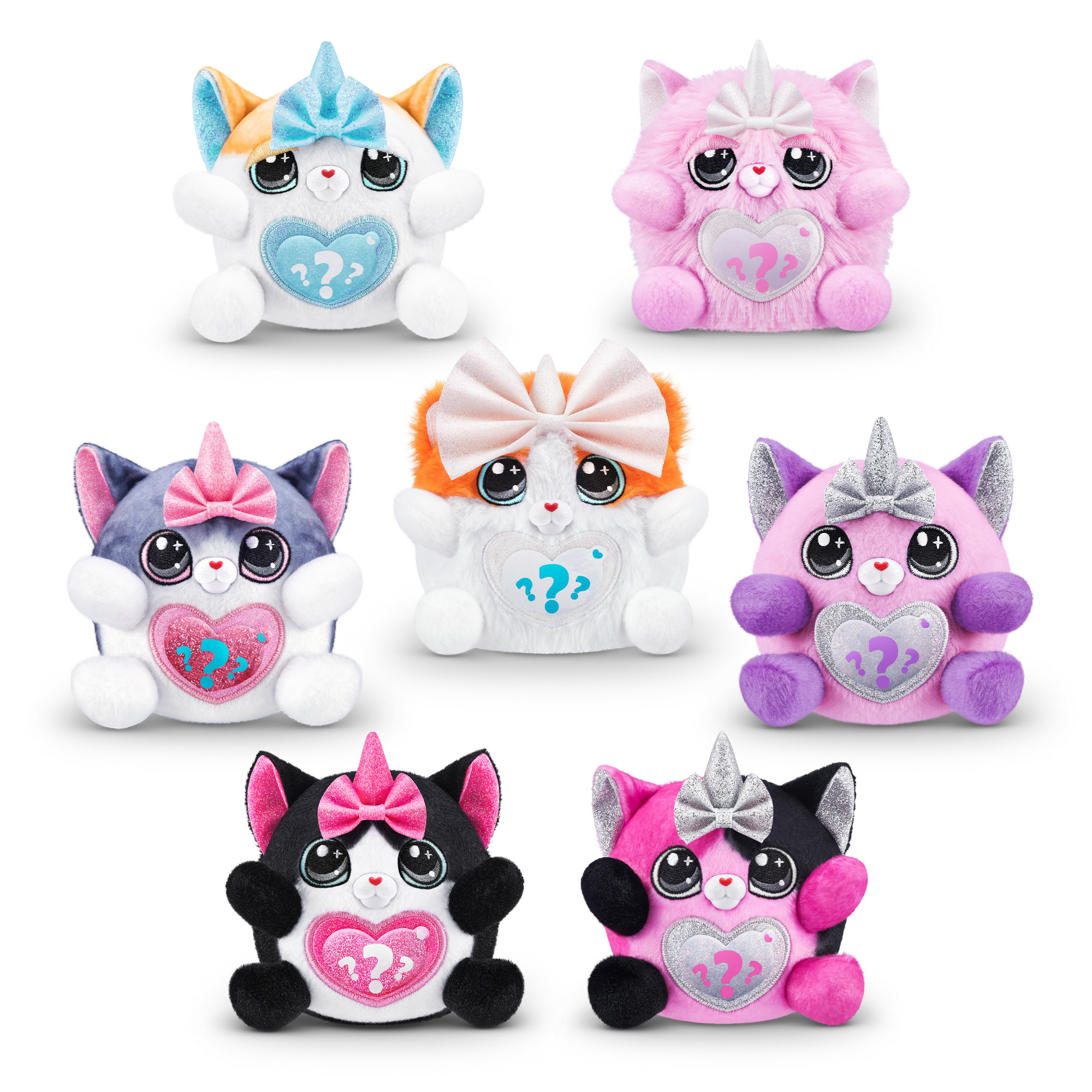 Sieben Plüschtiere in Form von Katzen mit Einhorn-Hörnern. Die Spielzeuge haben verschiedene Farben und Schleifen.