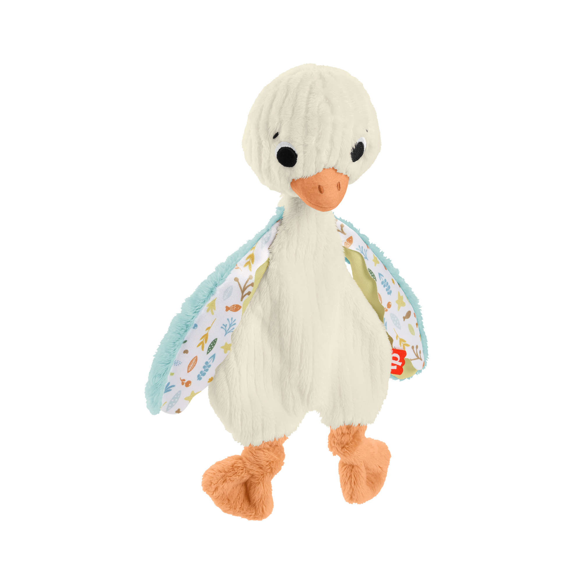 Pluszowa kaczka z białym korpusem, niebieskimi skrzydłami i pomarańczowymi stopami na białym tle.