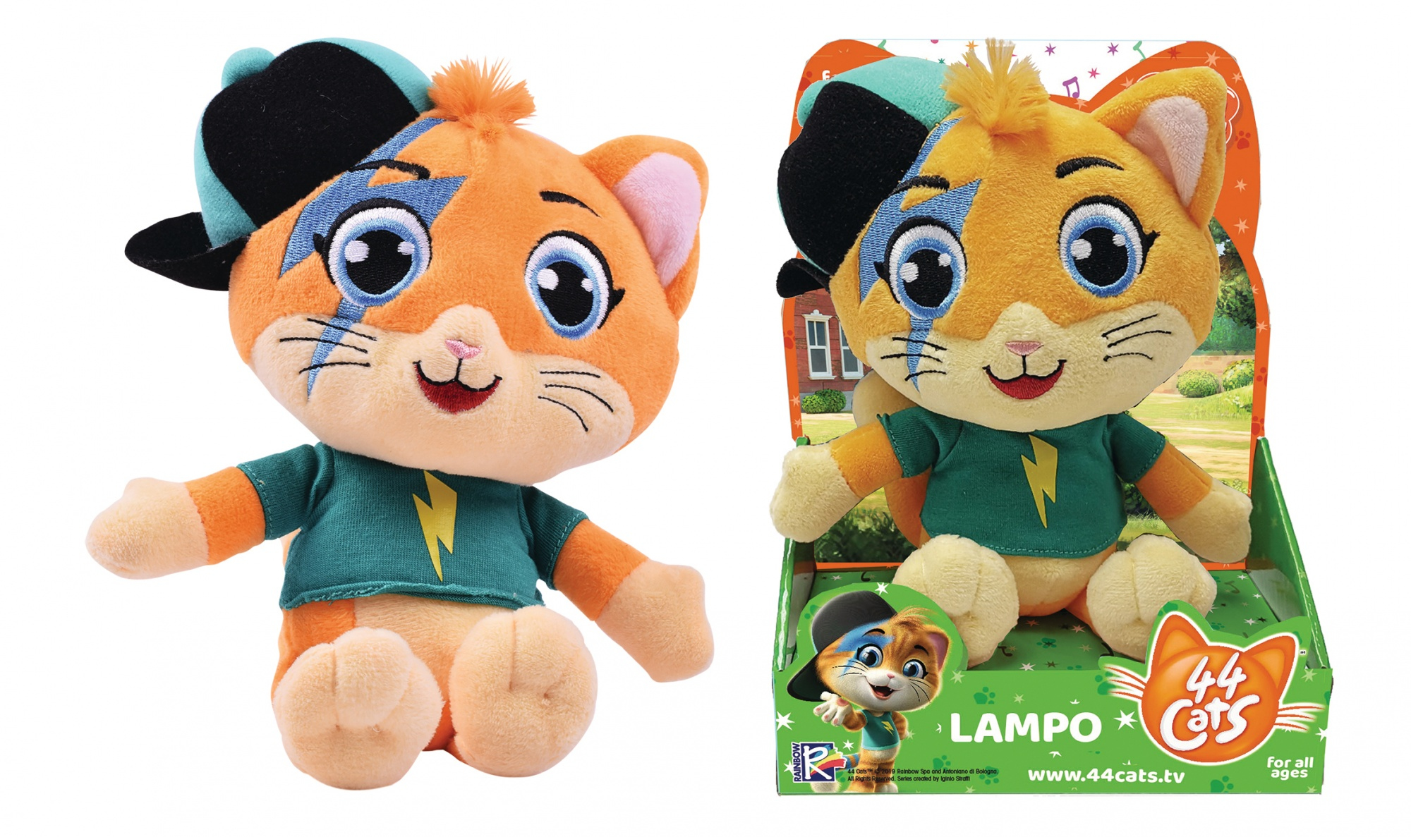 Pluszak Lampo z kreskówki 44 Koty, z pudełkiem, na białym tle.