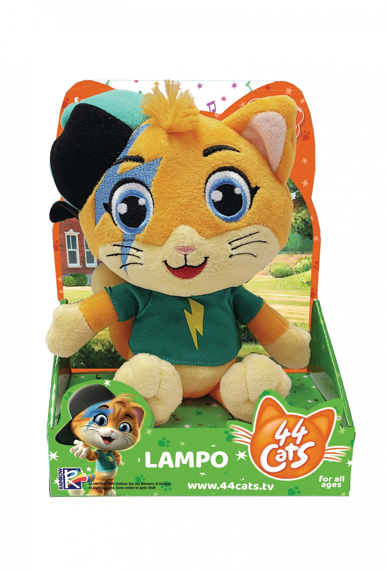 Pomarańczowa pluszowa zabawka w kształcie kota w pudełku. Zabawka ma kapelusz i zieloną koszulę. Pochodzi z programu 44 Cats.