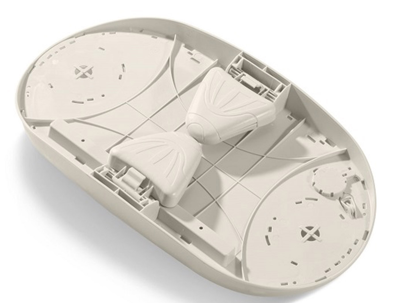 Spód białej pływającej tacy z dwoma uchwytami na kubki i przegródką.