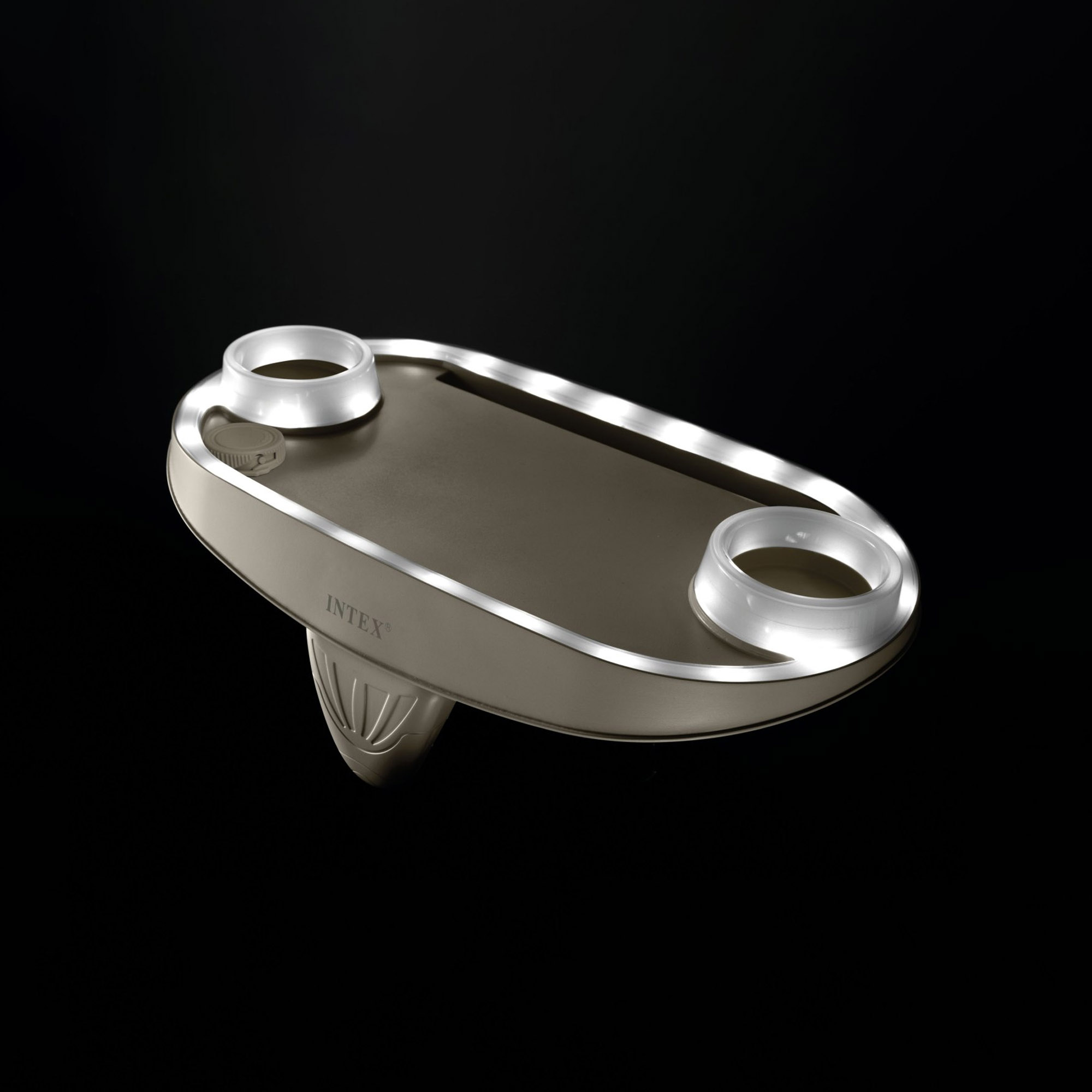 Pływająca taca Intex z oświetleniem LED na czarnym tle.