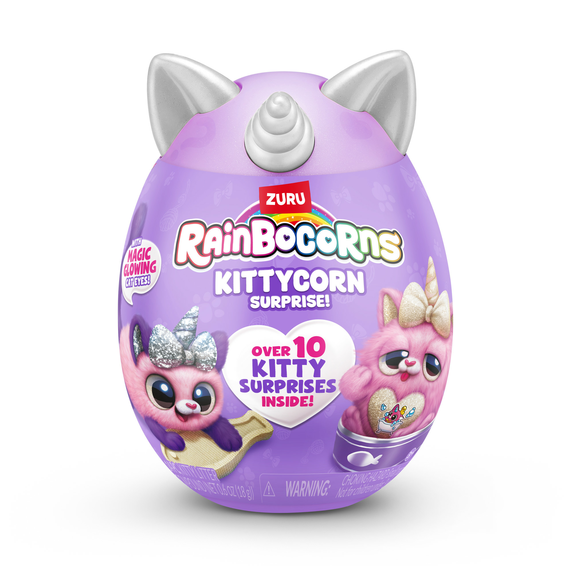 Ein lila Rainbocorns Kittycorn Surprise-Ei. Es hat Katzenohren und die Worte Rainbocorns Kittycorn Surprise.
