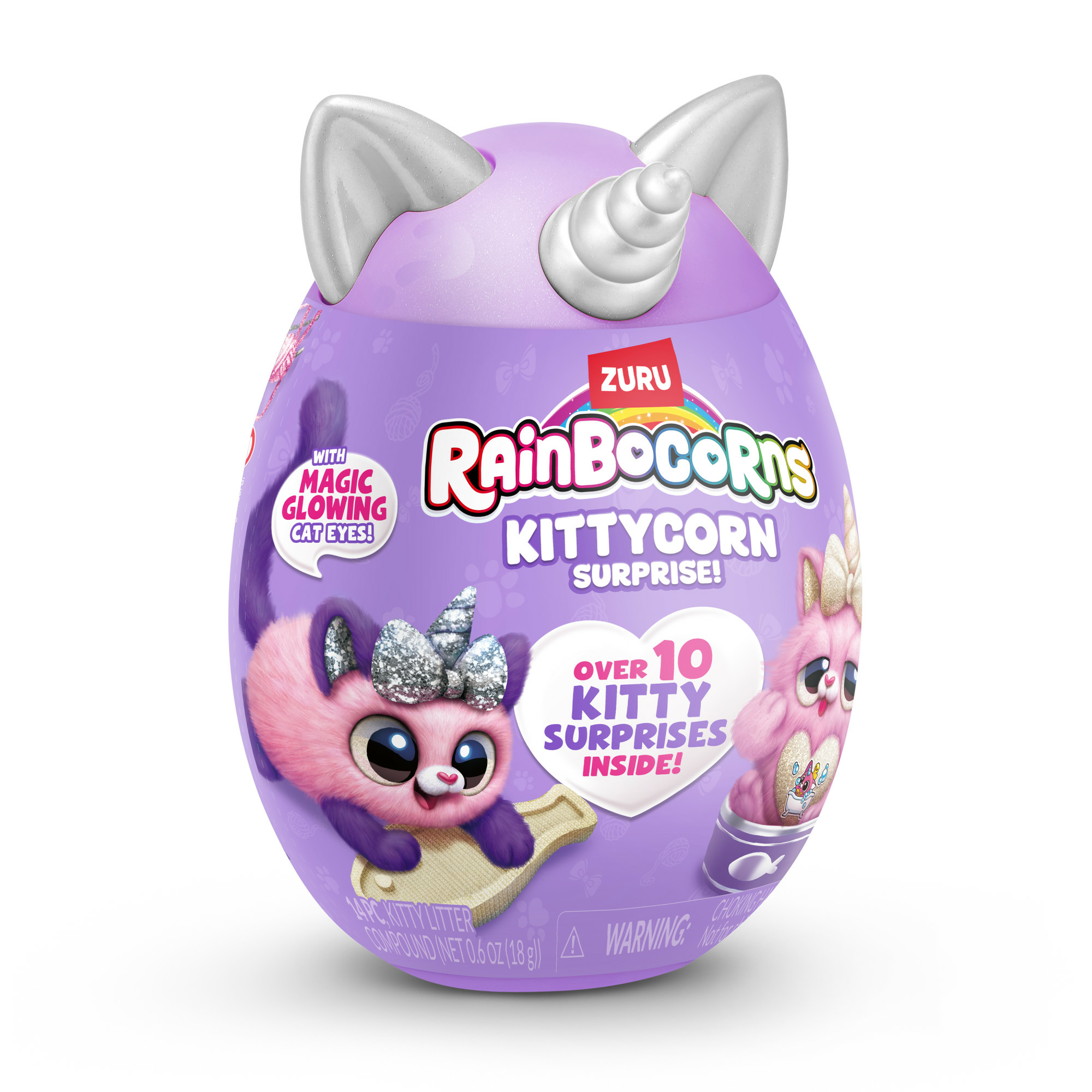 Ein lila Rainbocorns Kittycorn Surprise-Ei. Es hat Katzenohren und die Worte Rainbocorns Kittycorn Surprise.