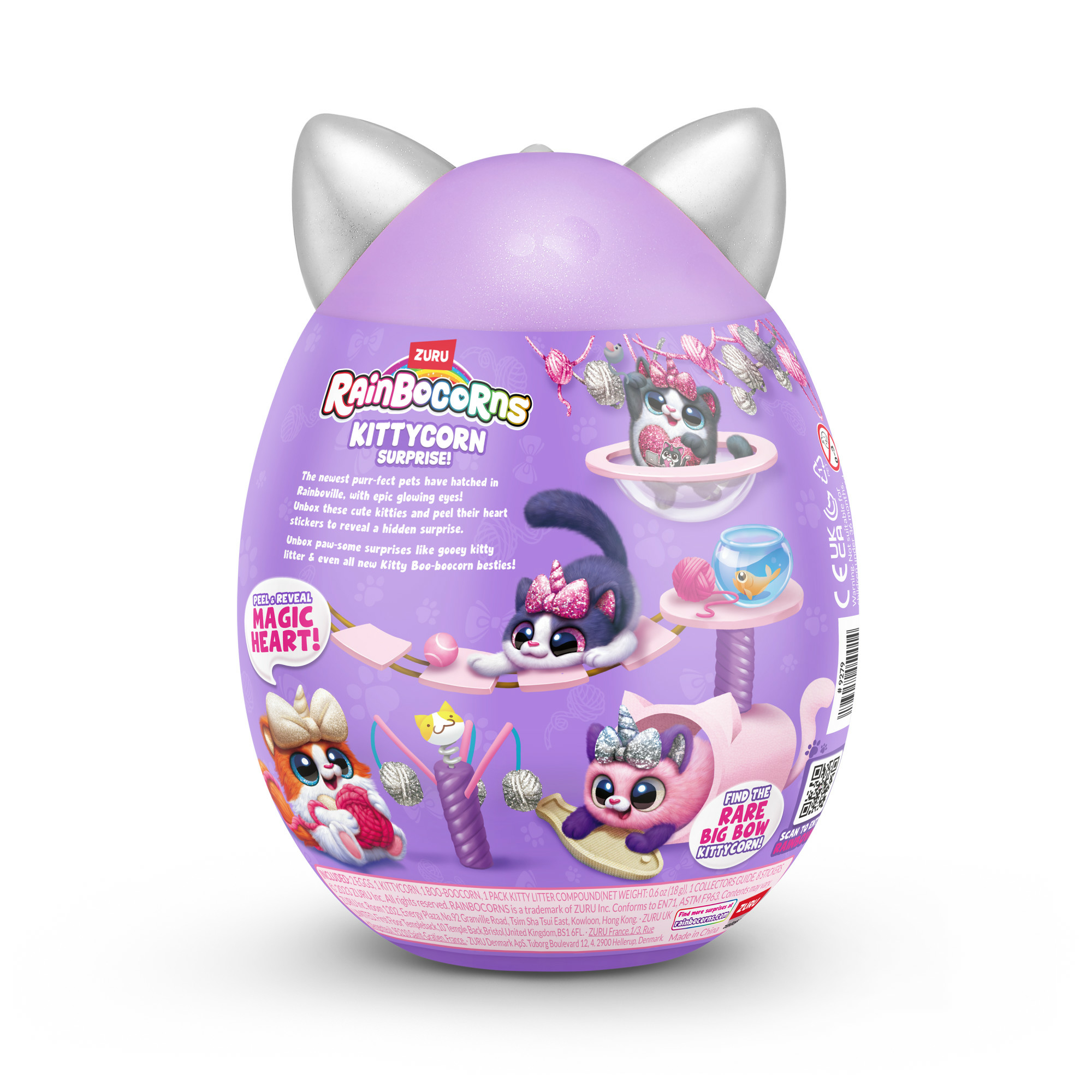 Ein lila Rainbocorns Kittycorn Surprise-Ei. Es hat Katzenohren und die Worte Rainbocorns Kittycorn Surprise.
