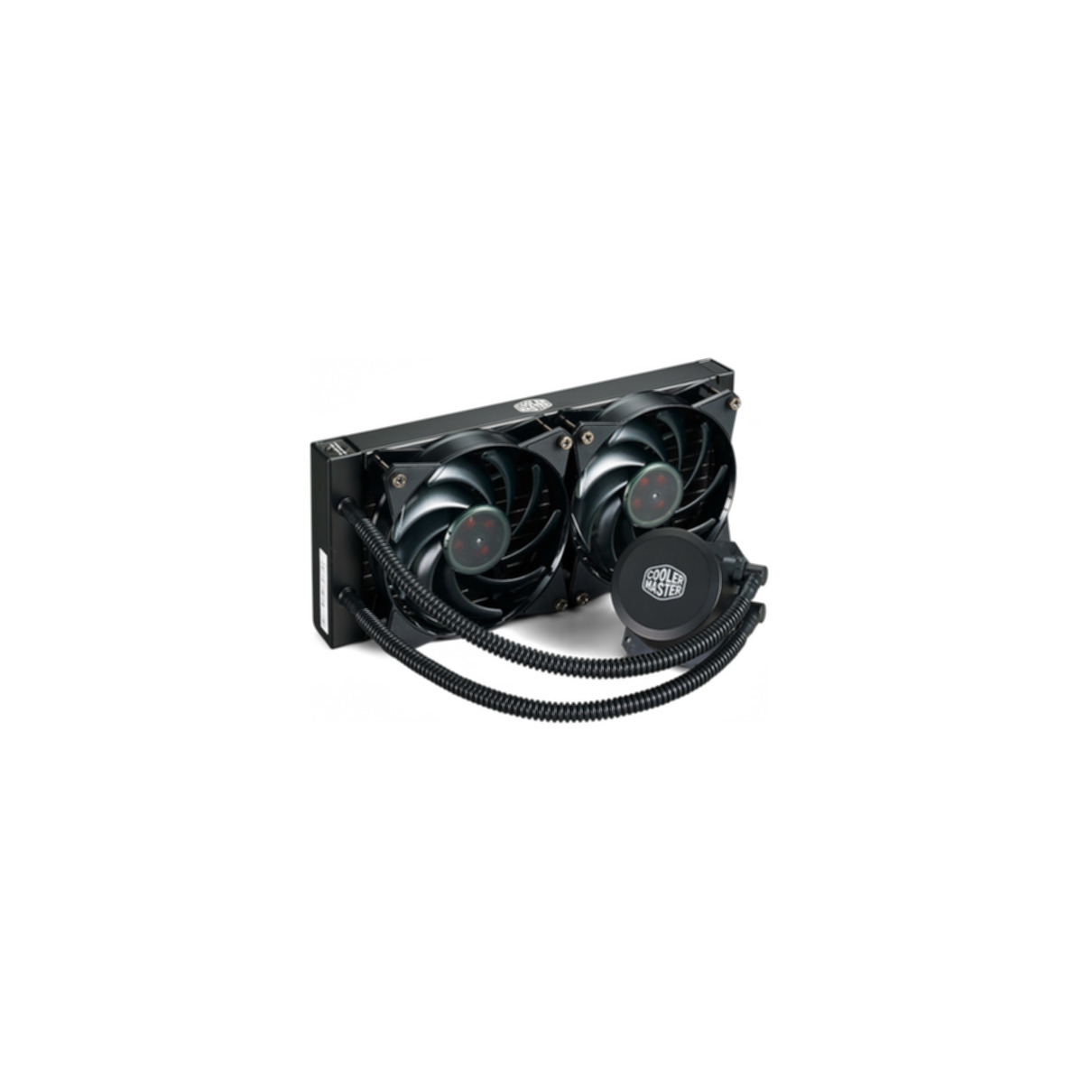 Un enfriador líquido negro para computadora con dos ventiladores y tubos, sobre fondo blanco.