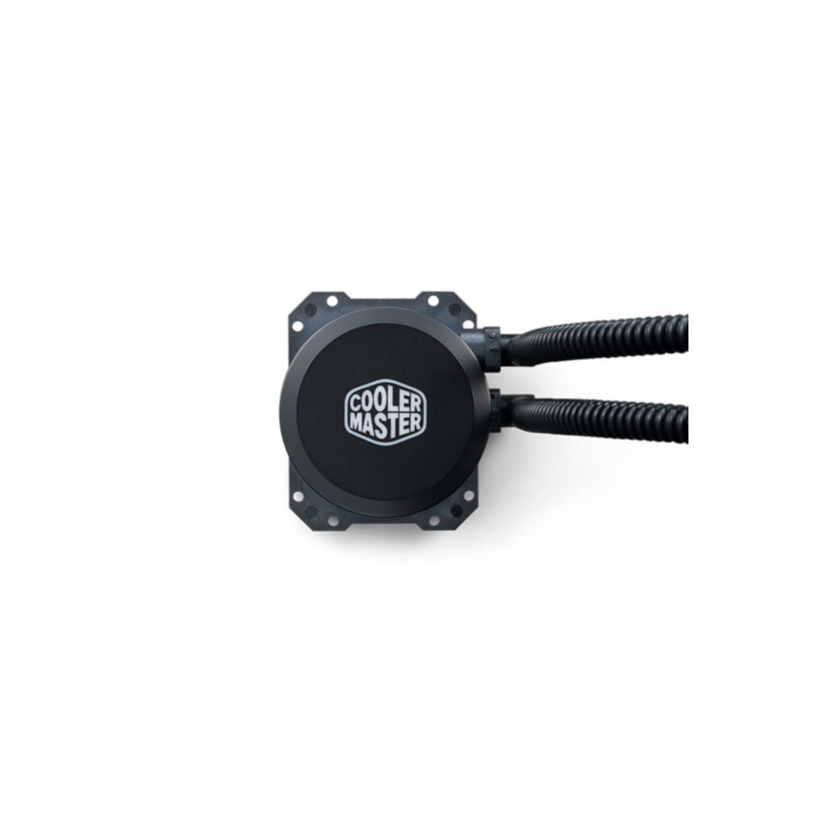 Enfriador de CPU Cooler Master con unidad central negra y dos tubos negros, sobre fondo blanco.