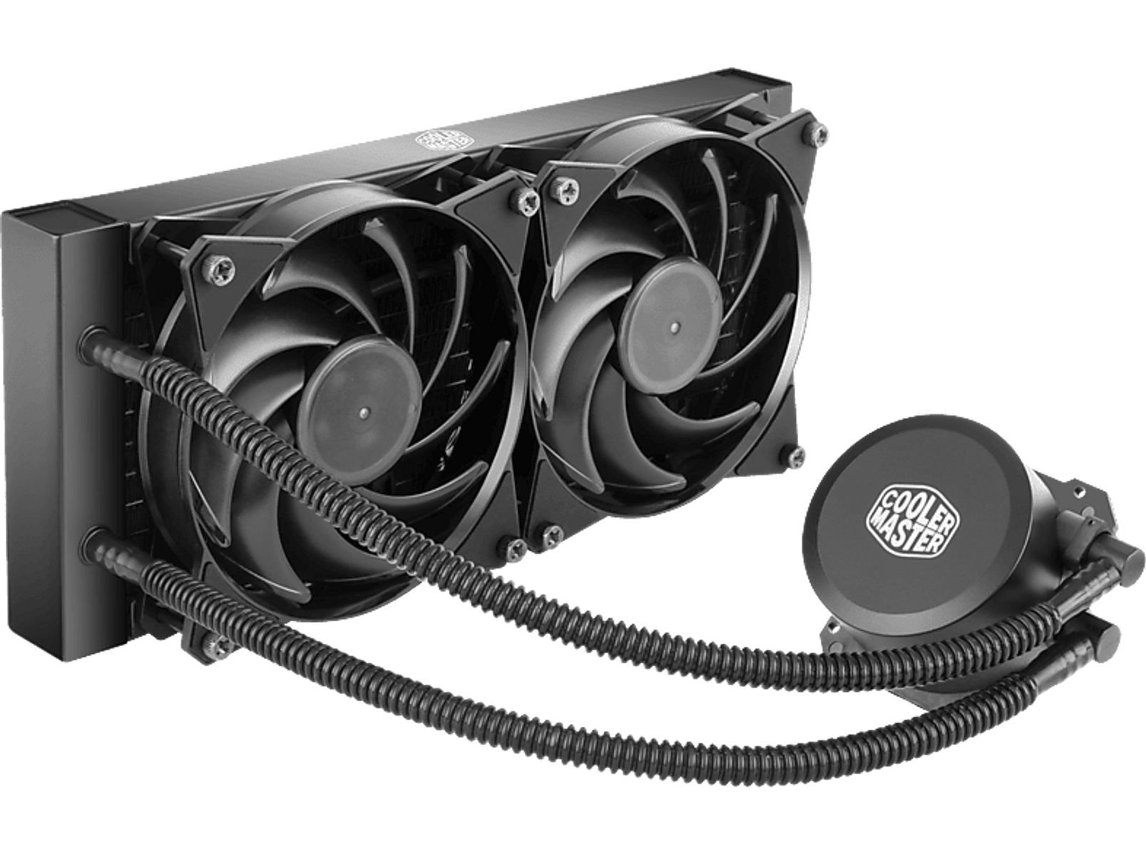 Un enfriador líquido de computadora negro con dos ventiladores y tubos.