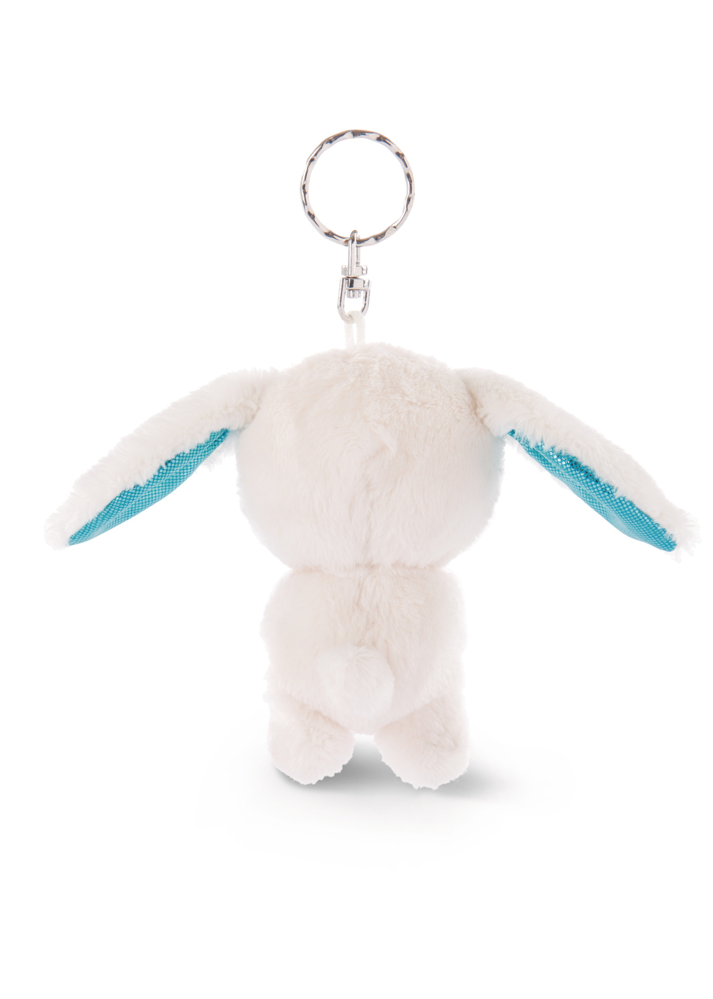 Brelok z białym królikiem, widok z tyłu z niebieskimi uszami i krótkim ogonem.