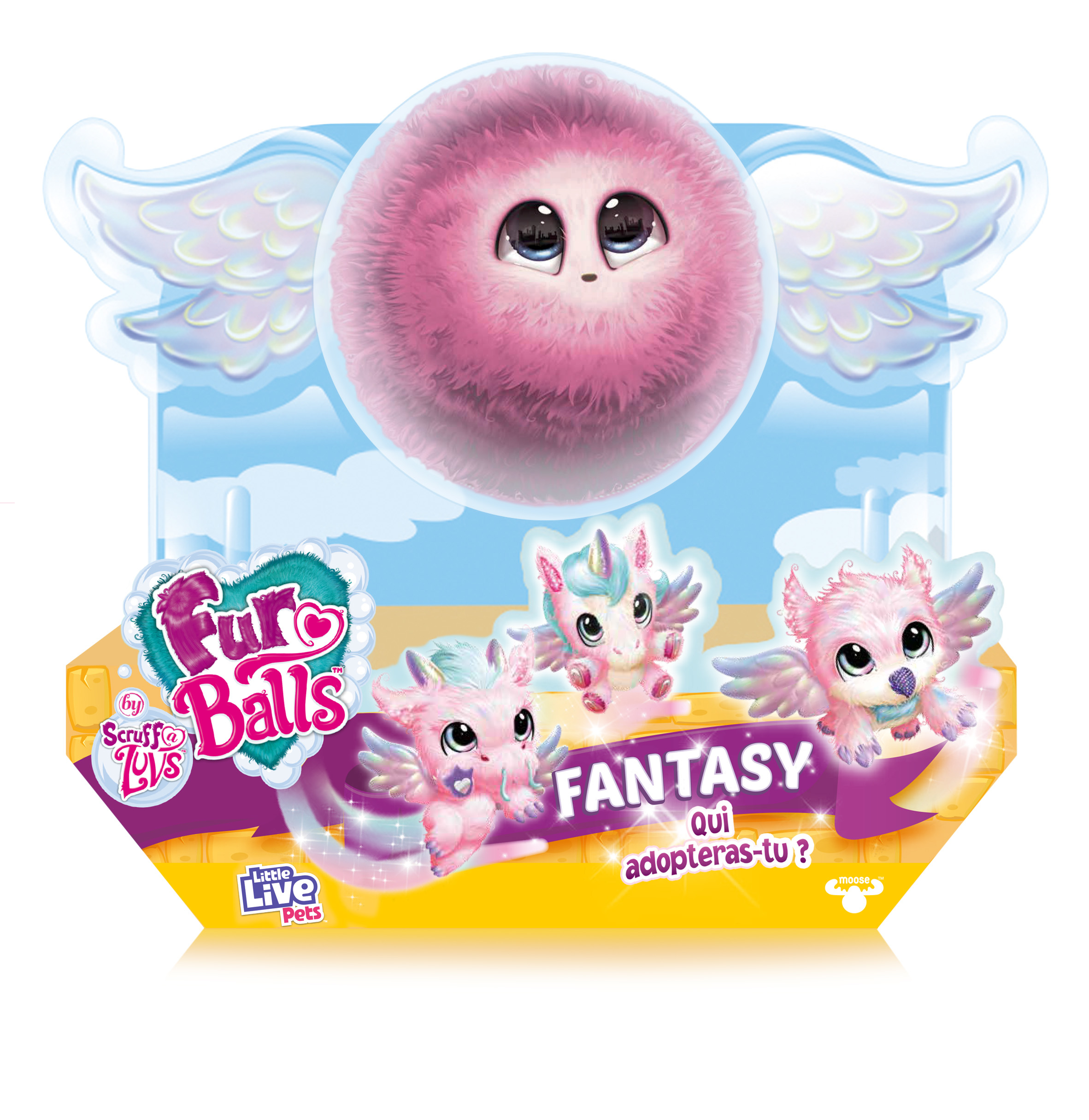 Wystawa zabawek z fantastycznymi stworzeniami i napisem 'Fur Balls'.