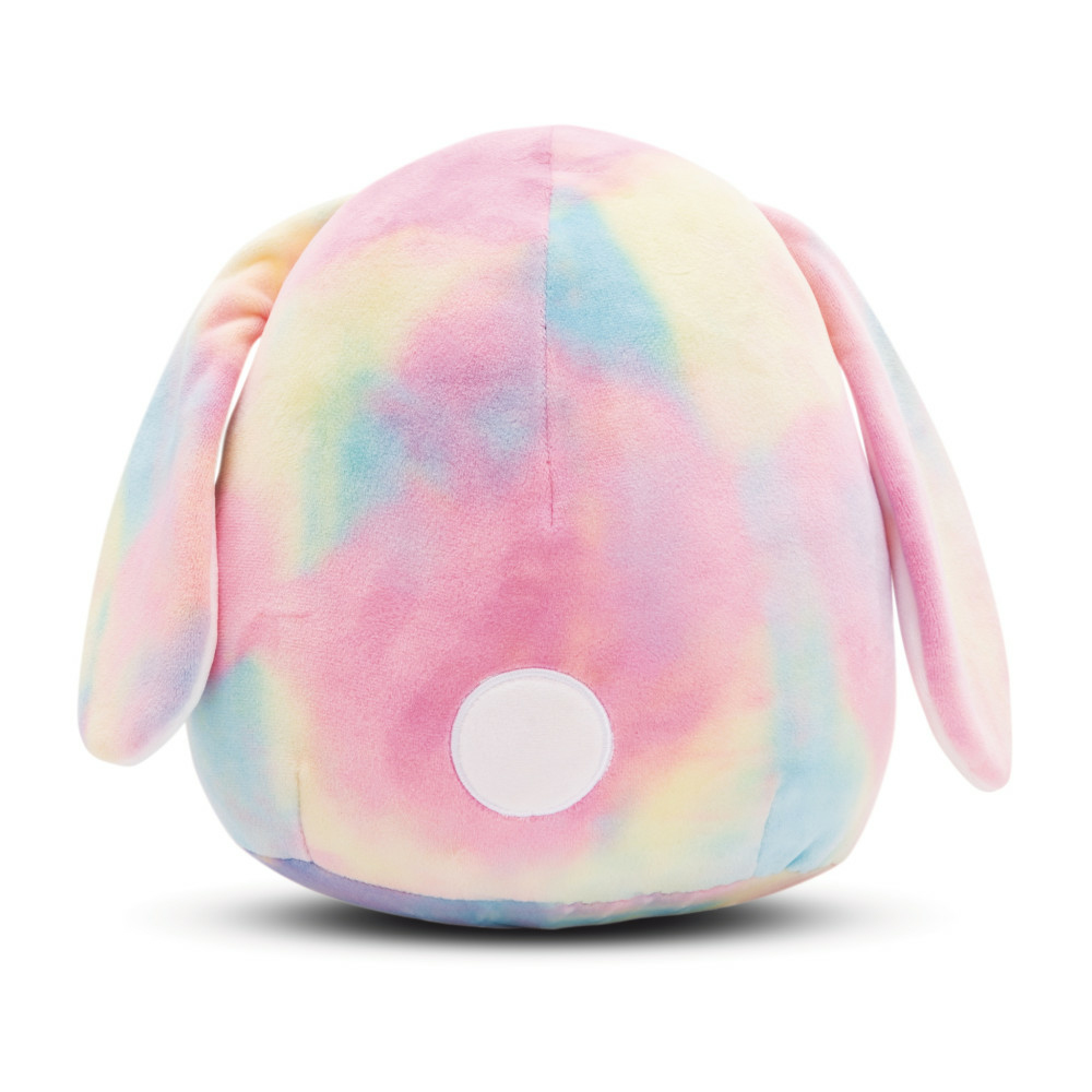 Pluszowa zabawka z królikiem w stylu tie-dye. Pastelowe kolory różu, błękitu, żółci i fioletu.