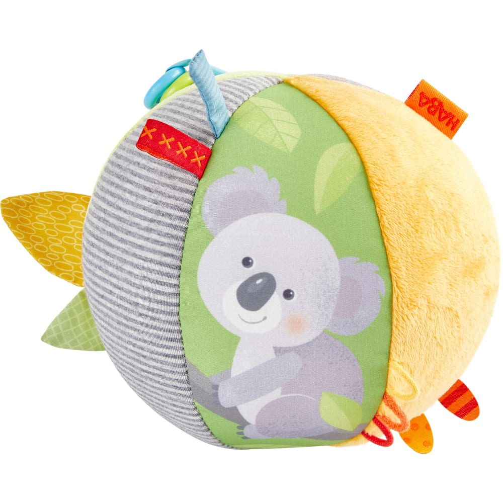 Palla colorata per bambini con illustrazione di koala. Sezioni grigie, verdi, gialle e a strisce.