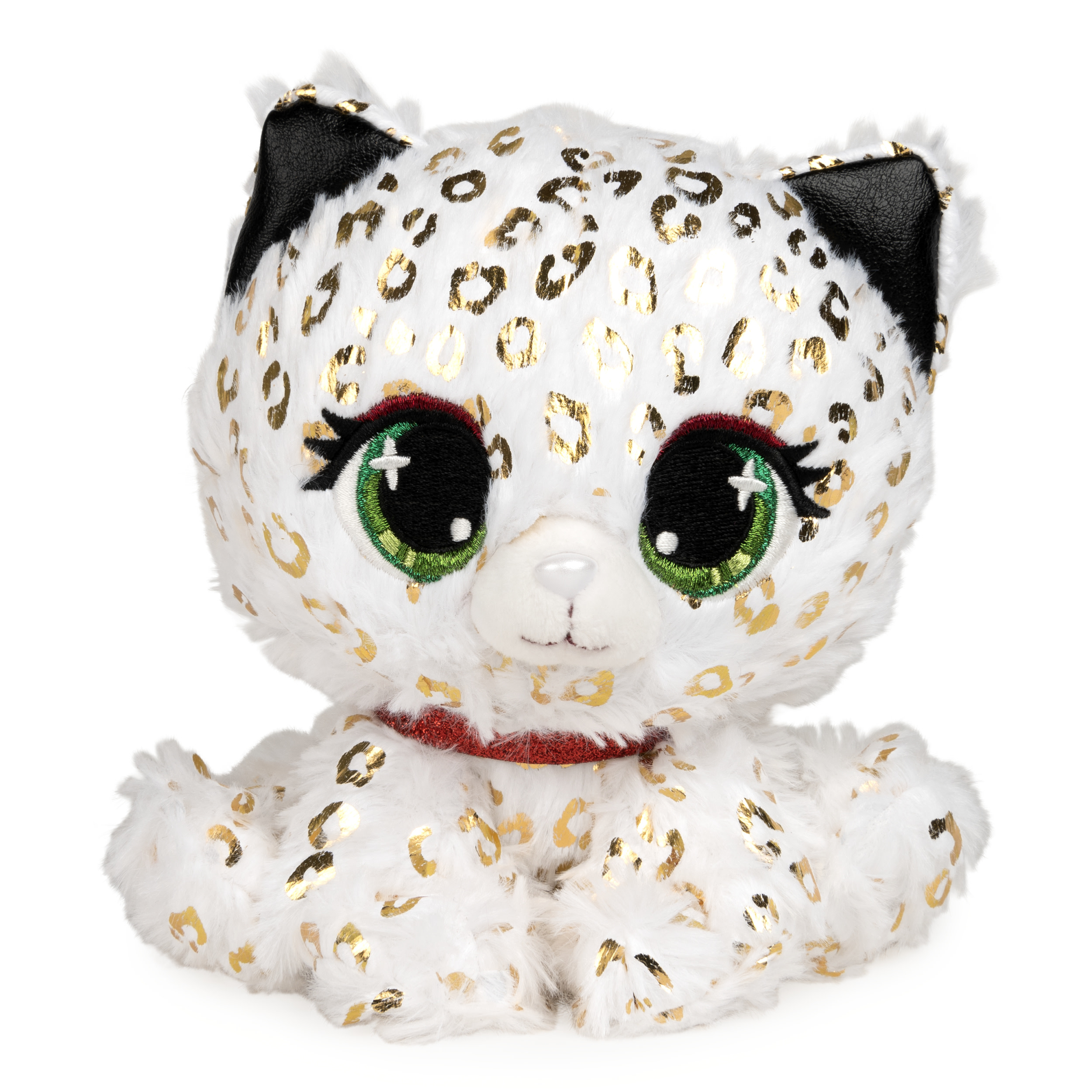 Pluszowy biały lampart z czarnymi uszami, złotymi plamami, zielonymi oczami i czerwoną obrożą.