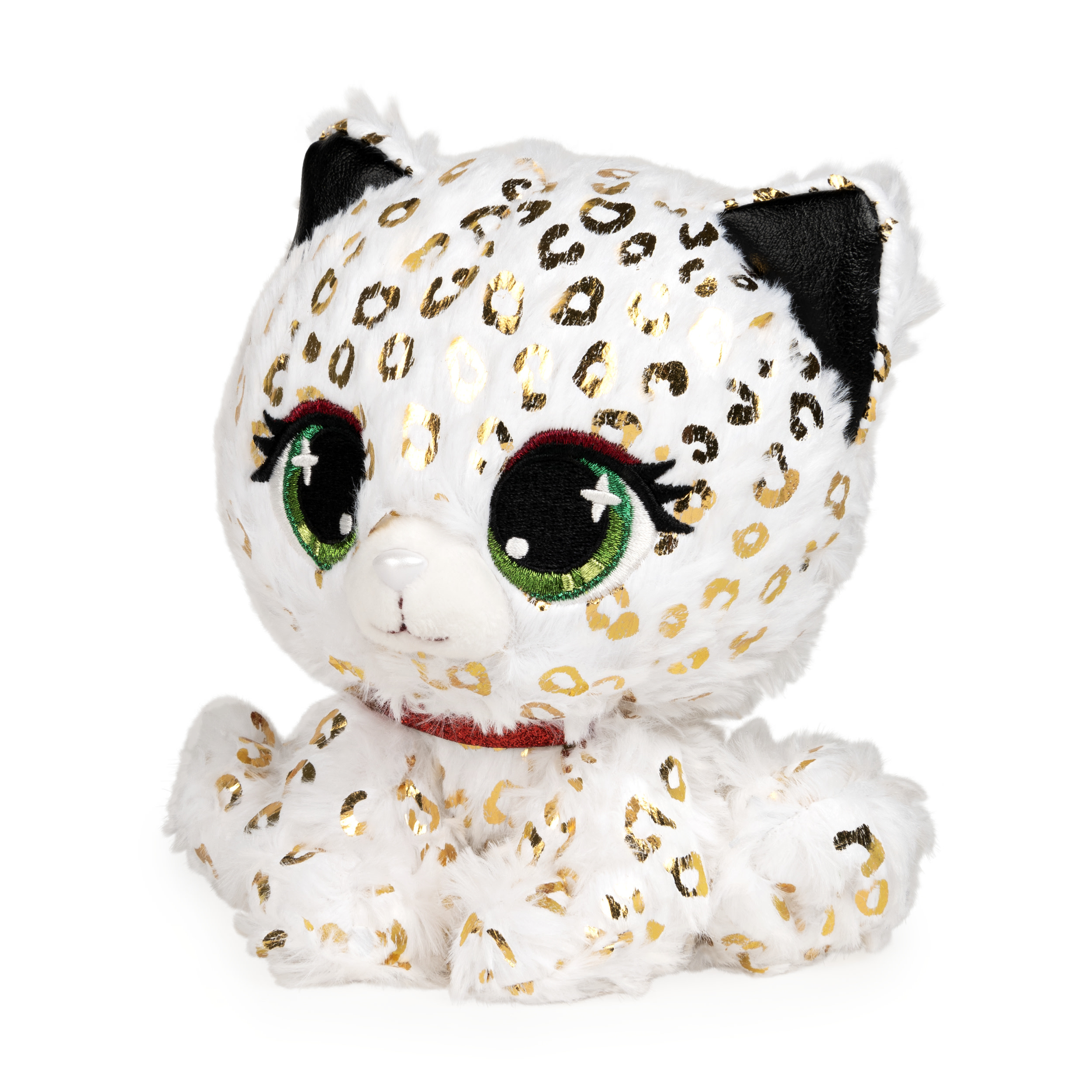 Biała pluszowa zabawka w cętki z złotymi plamami, czarnymi uszami i czerwoną obrożą.