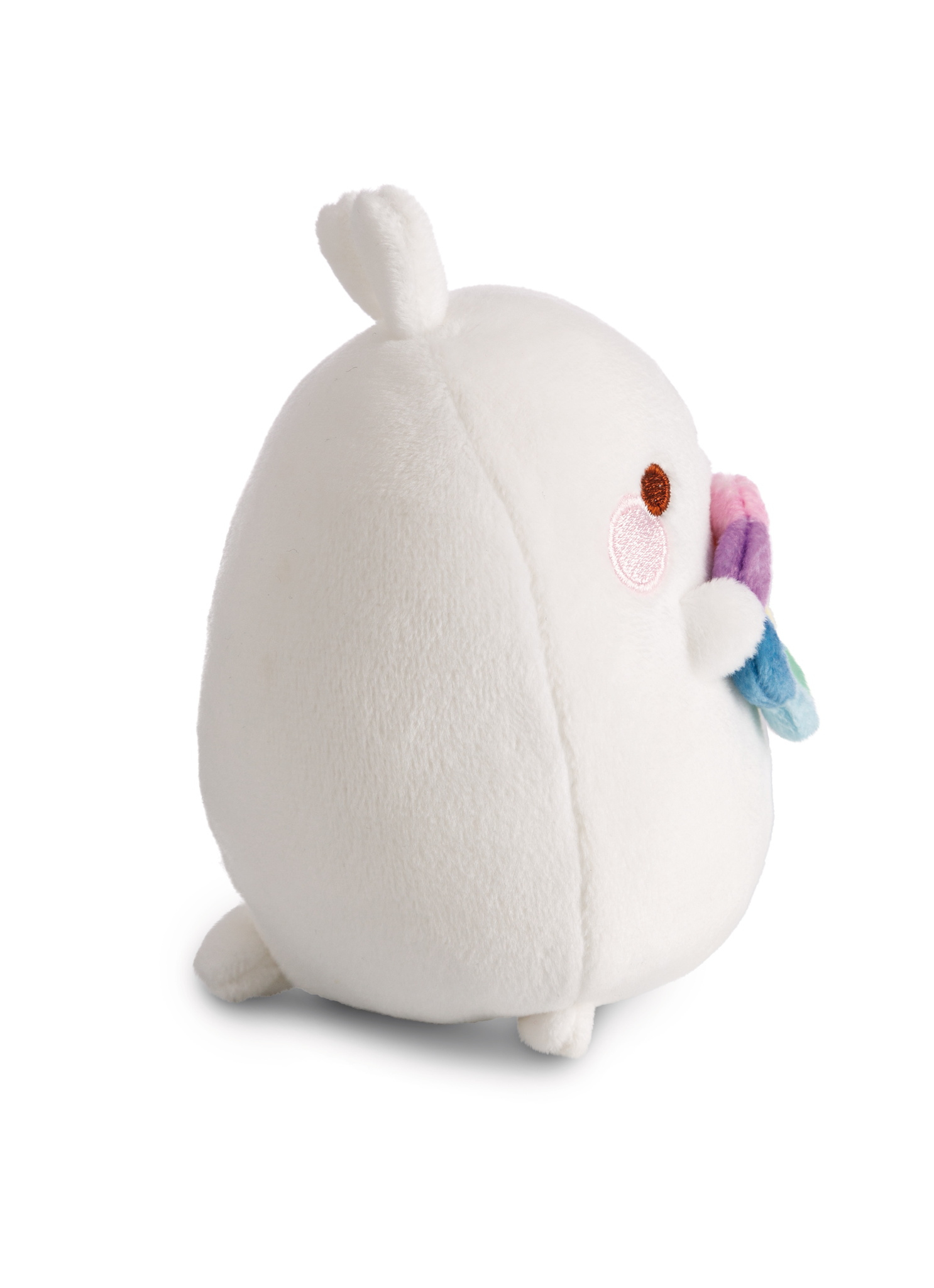 Biały, pluszowy królik trzymający kolorowy rożek lodów, zwrócony w lewo.