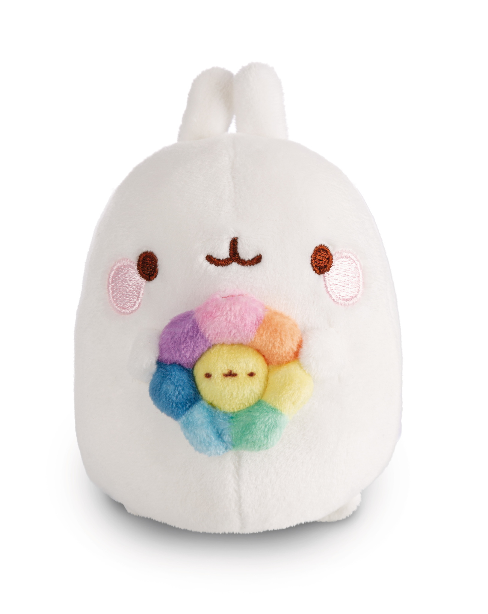 Biała pluszowa zabawka trzymająca tęczowy kwiat.