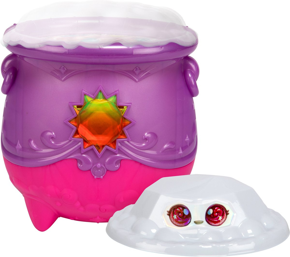 Fioletowa i różowa zabawka w kształcie kotła z białą pokrywką oraz odłączona postać w kształcie chmury z czerwonymi oczami.