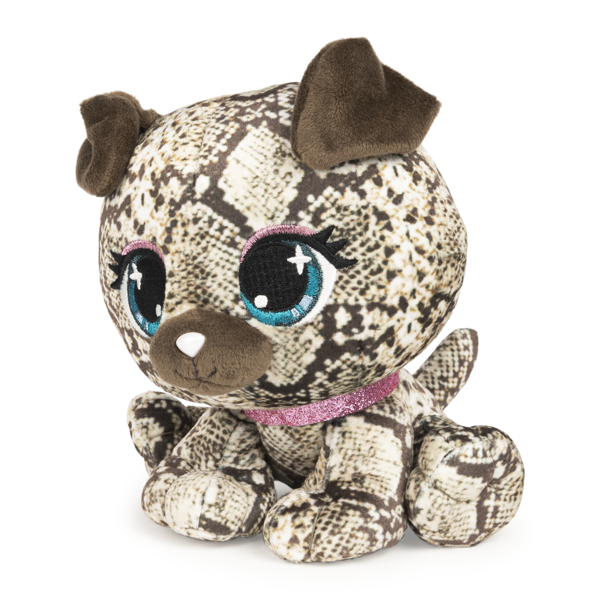 Pluszowy pies z wzorem węża, brązowymi uszami i różową obrożą.